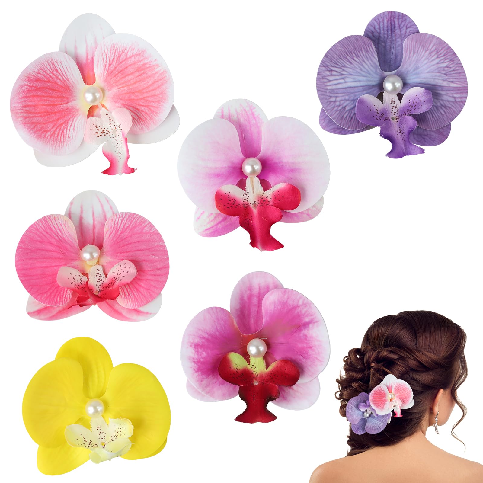 6 PCS Hawaiian Flower Hair Clips, Orchid Hair Clip, Artificial Tropical Orchid Flower Clips, Bohemian Style, Suitable for Beach, Party, Vacation (