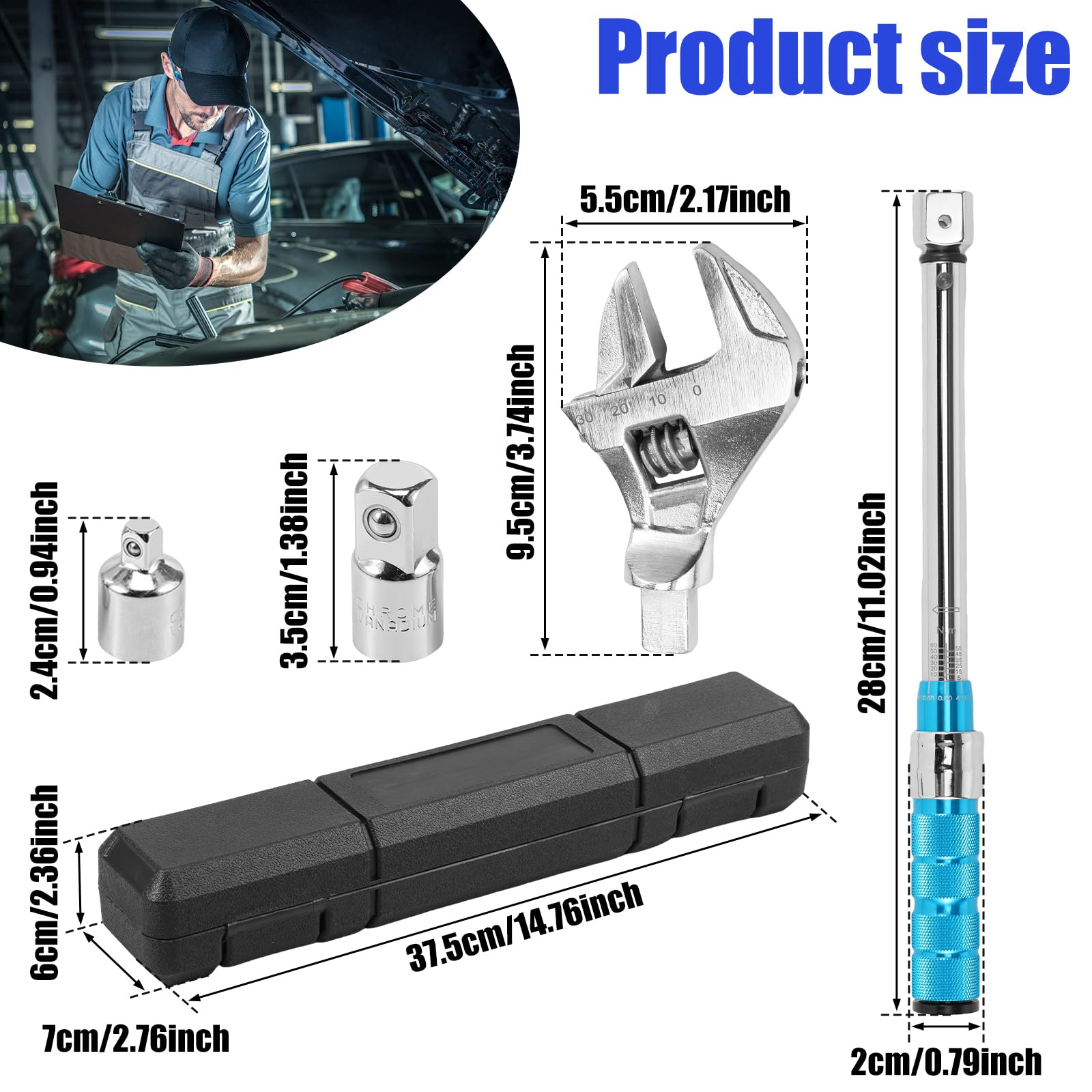 Llave dinamométrica de 5 – 60 Nm con herramienta de inserción, incluye cabezal de llave combinada de 30 mm y adaptador | ± 4% de precisión para aire acondicionado y tuberías | acero