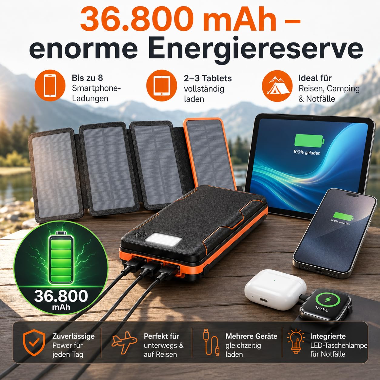 Solar Powerbank 36.800mAh, 4 Solarpanels, 15W Schnellladen, USB-C & QC 3.0, LED-Taschenlampe, Outdoor Ladegerät für Smartphone, Tablet, Camping & Reisen.
