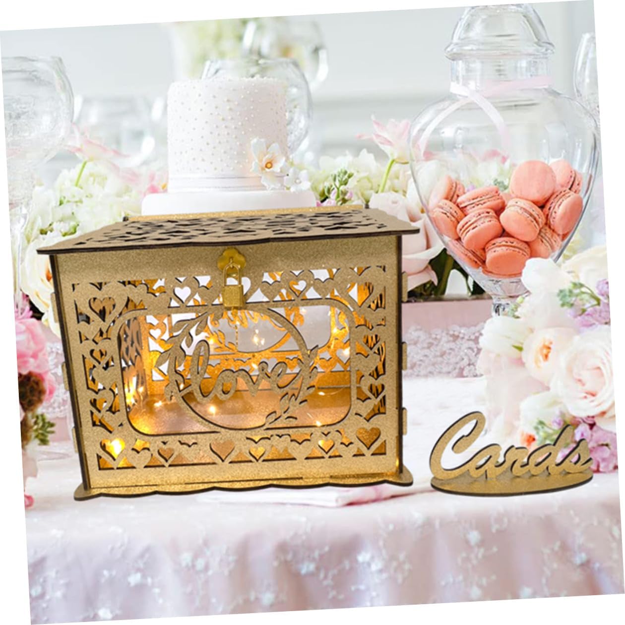 Wooden Hollow Glitter Card Box Wedding Reception Card Holder Portable Blessing Envelope Storage Box for Anniversary Party Decoration