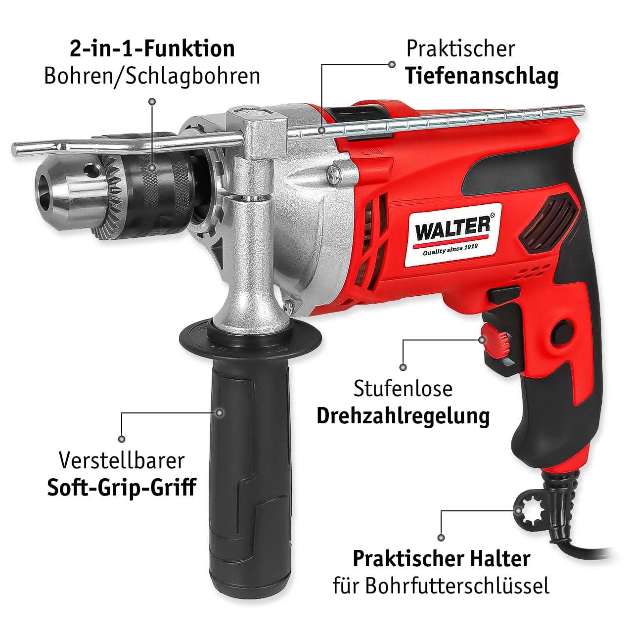 WALTER Schlagbohrmaschine (910 Watt, elektr. Drehzahlregelung, mit zweiten Handgriff, Tiefenanschlag, max. Bohr-Ø: Holz: 25 mm, Beton: 16 mm, Metall: 13 mm)