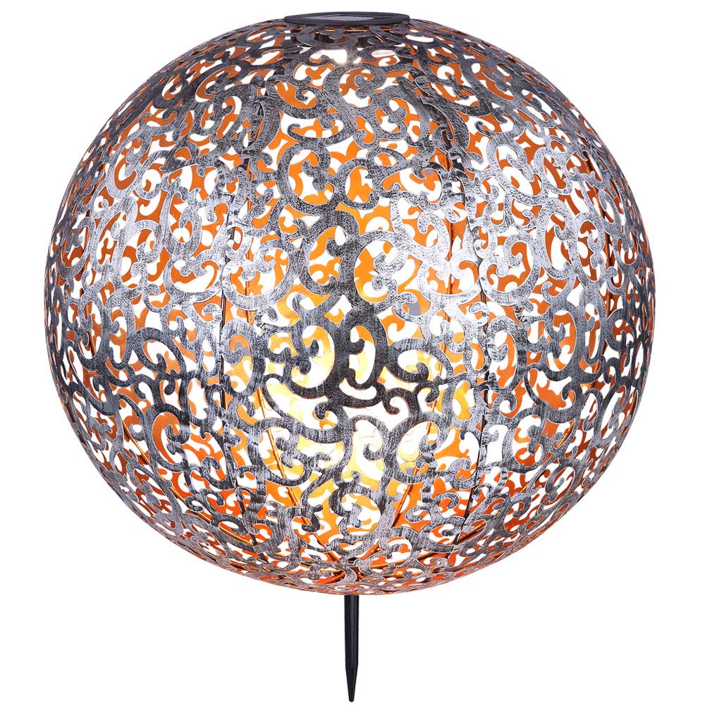 Solarleuchte Windlicht Solar Garten Kugel orientalsichLED Steckleuchte IP44, Erdspitz, Metall Muster antik silbergrau, 1x LED 3000K, DxH 40x50 cm