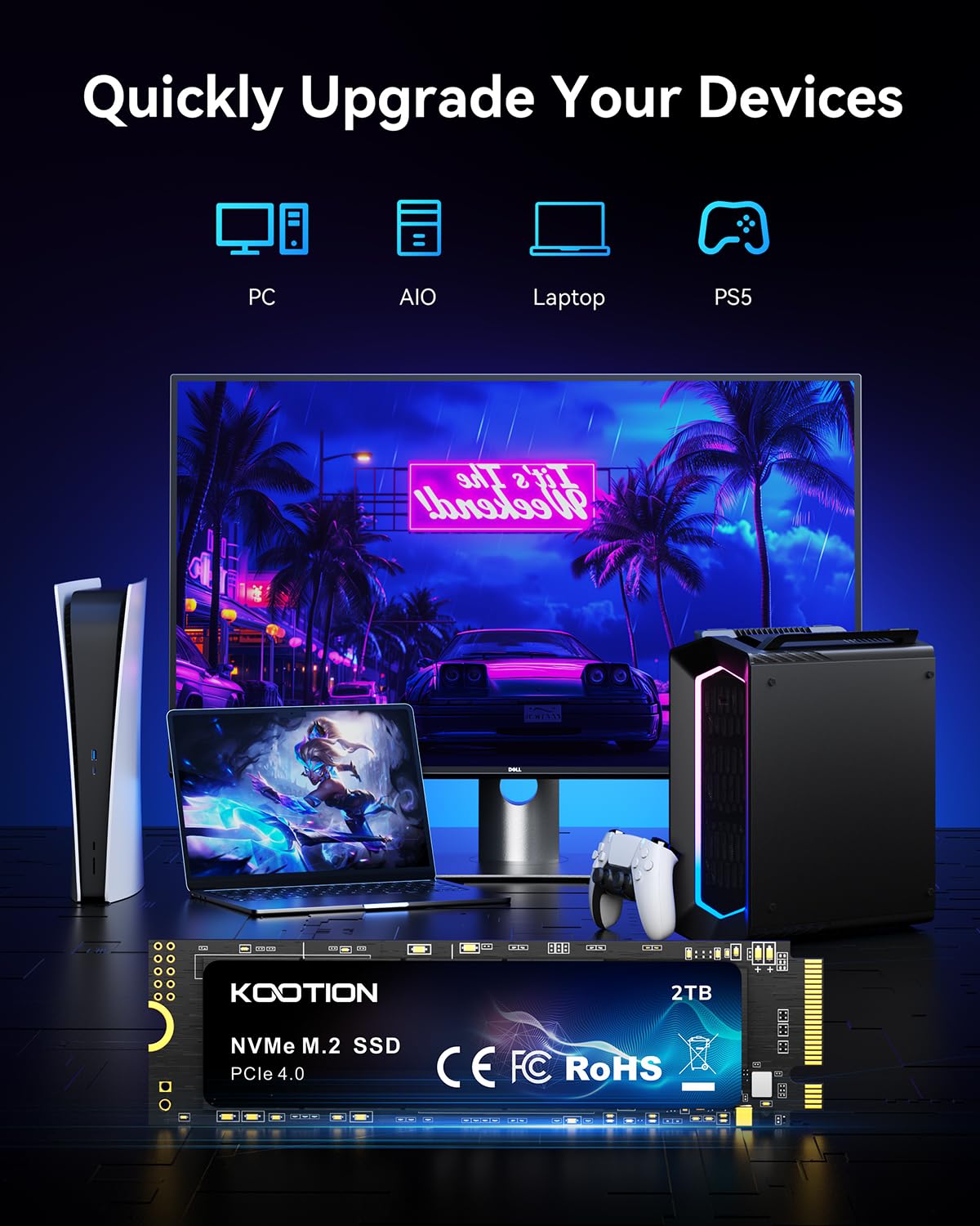 KOOTION SSD 2TB Nvme SSD PCIe 4.0 Interne Festplatte 5200MB/s Lesen, 4500MB/s Schreiben, 2 TB SSD 3D NAND Flash Interne Solid-State-Laufwerk für PS5, Programme, Gaming und Videoschnitt