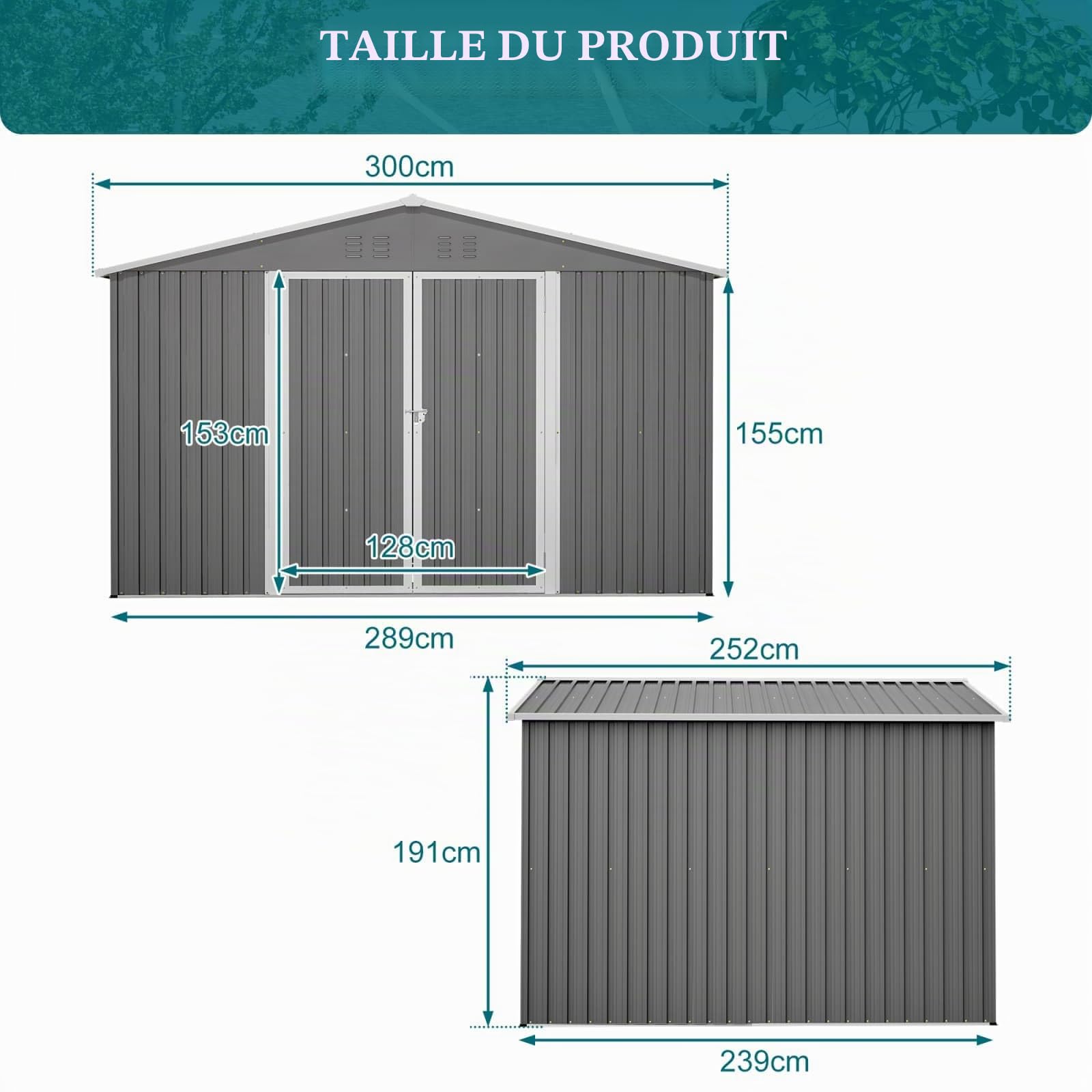 KOMHTOM Abri de Jardin en Acier Galvanisé (300x252cm-Gris)