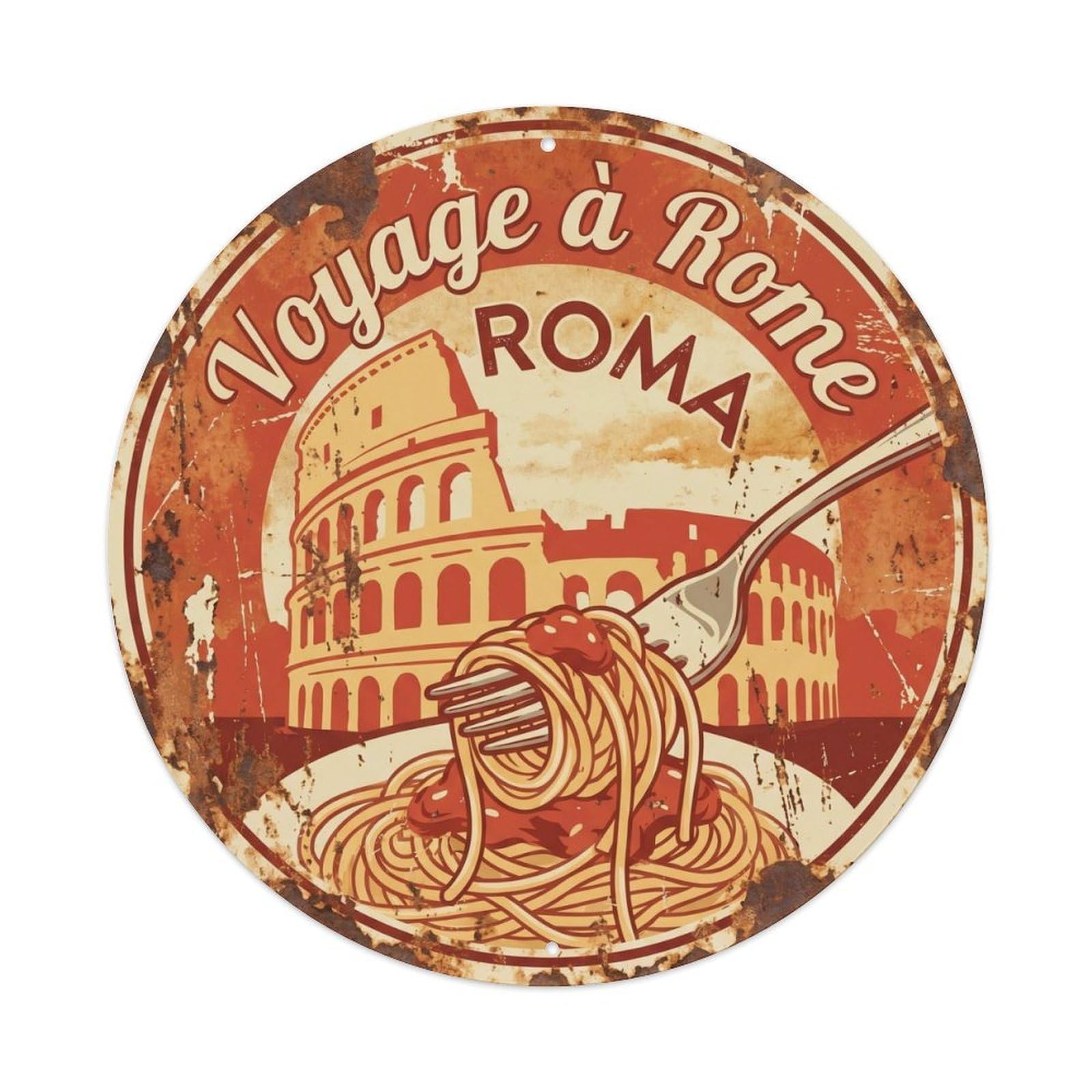 Italian Pasta Cuisine Heritage Destination Scenic Landmark Metal Tin Sign Plaque Wall Decor for Cafe, Man Cave, Club Bar, Office, Home Garden Round Metal Poster 8x8Inch