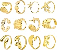 Gold Seashell Starfish Adjustable Stacking Rings for Women - Non-Tarnish Chunky Beach Surfer Jewelry