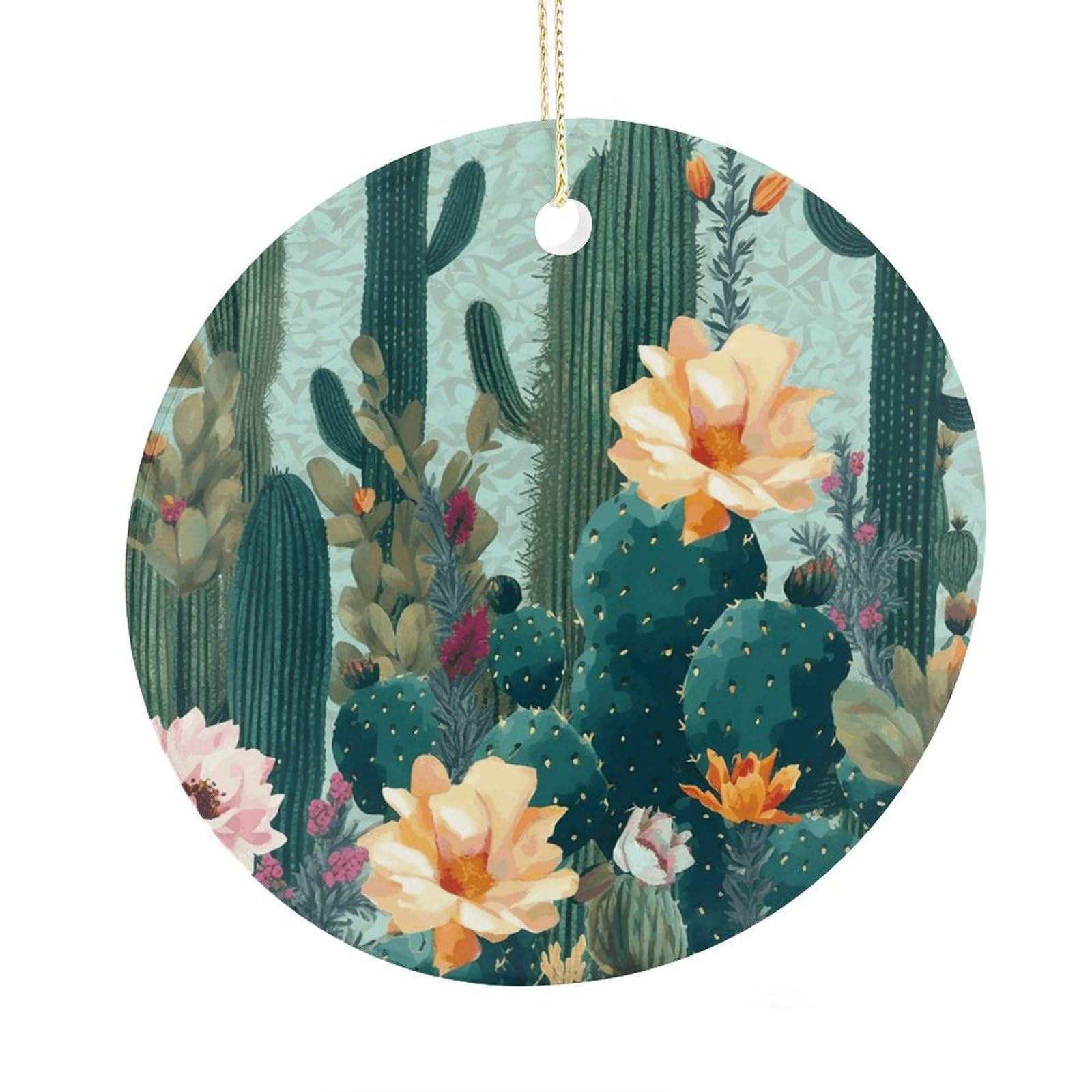 Adfgyerh Style Summer Floral Cactus Ceramic Circular Pendant,2.9 Inch，Hanging Ornament，Gift Exchange Idea Round Ceramic Ornament,For Mom And Daughter，For Home Indoor Outdoor Decor.