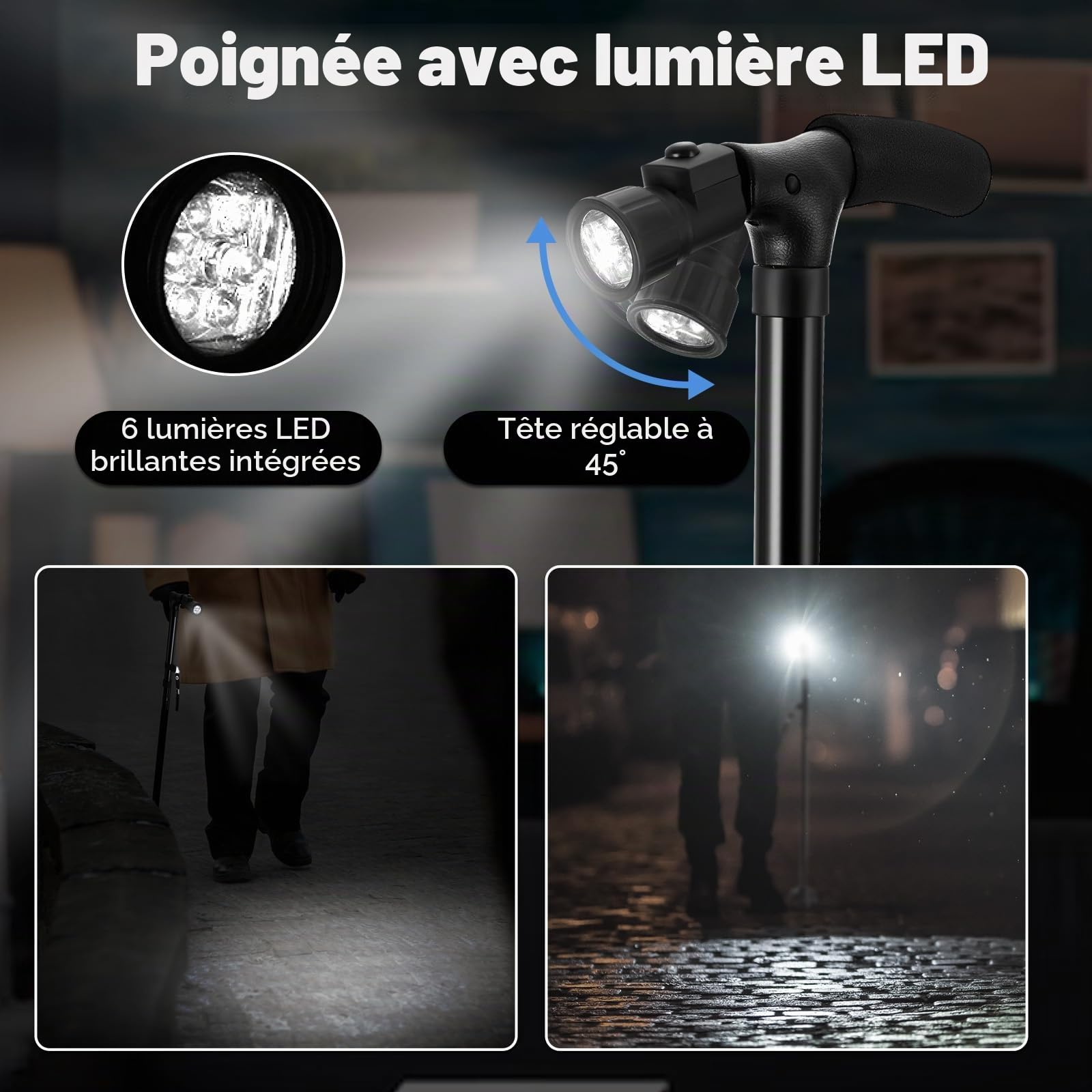 Canne de Marche Pliante avec Lumière LED, Ohuhu Bâton de Marche Hauteur Réglable pour Homme et Femme, Personnes Âgées, Pliable Portable, avec Coussin en T et Base pivotante, Sac de Transport