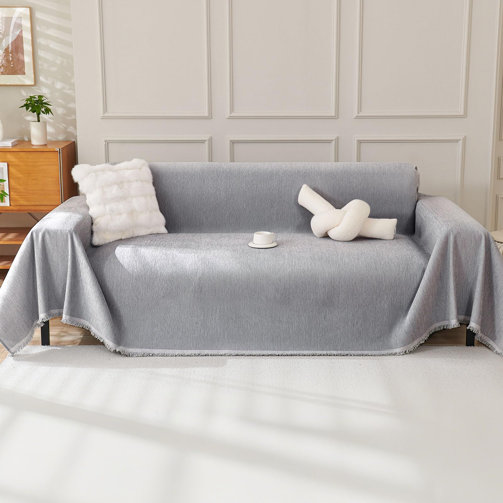 Chenille Sofa Cover 3 Seater, Dog Couch Cover for Corner Sofa, Washable Sofa Slipcover Couch Protector Loveseat L Shaped Covers with Tassel, Suitable for All Seasons, 180 x 300 cm, Light Grey โ image 1