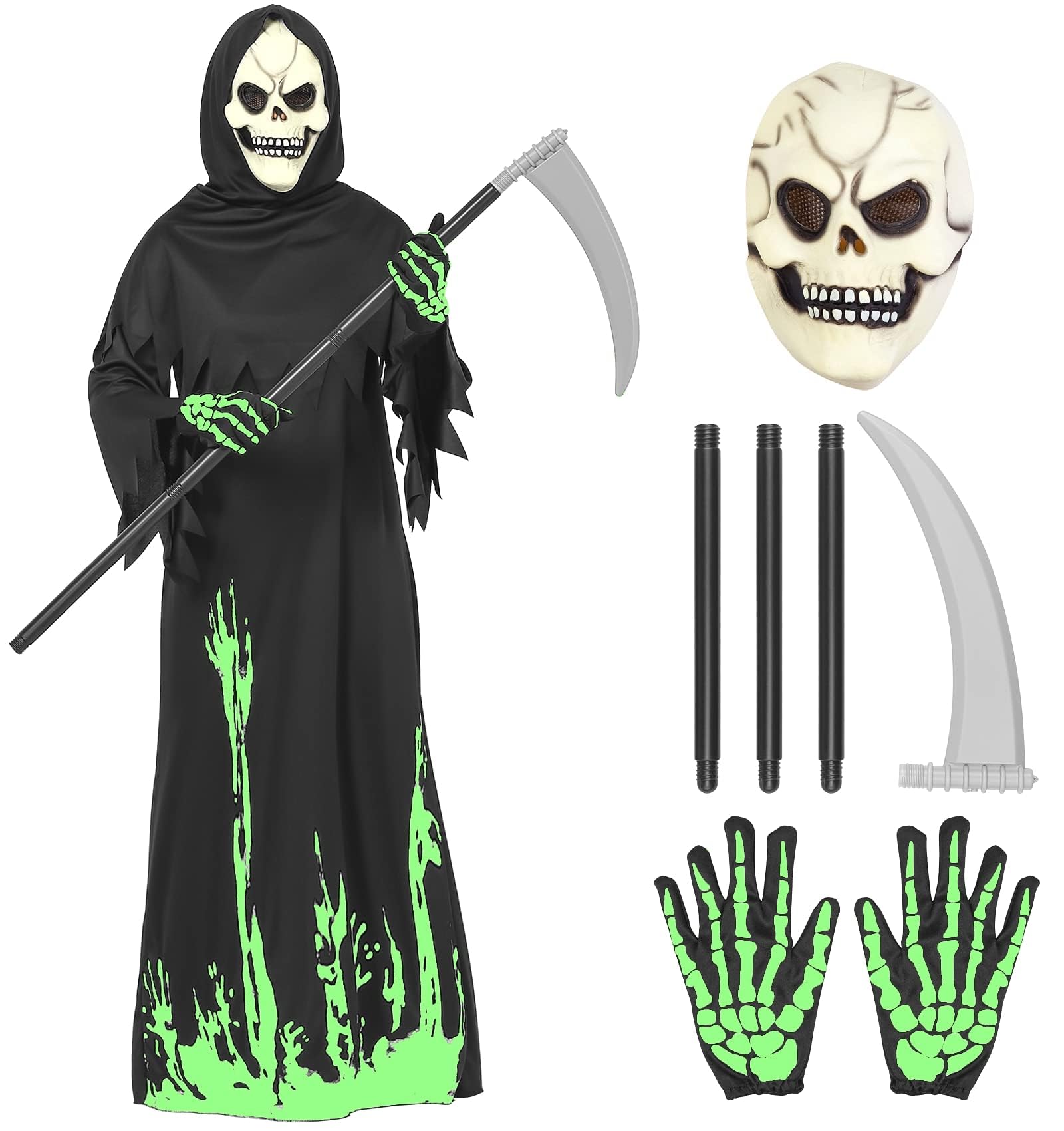 ThinkMax Halloween Grim Reaper Costume for Kids, Glow in the Dark Halloween Phantom Costume with Scythe,Skull Mask and Glove