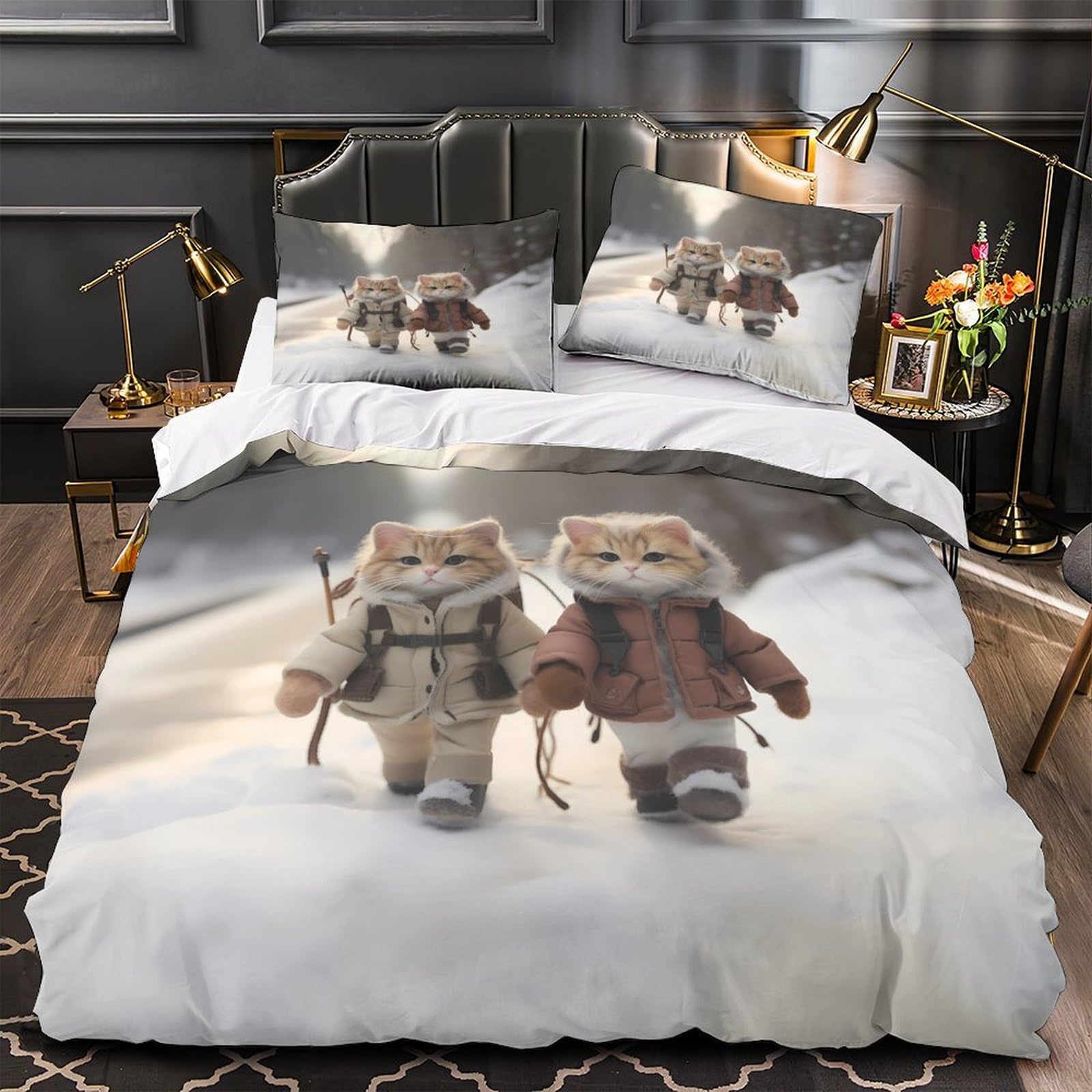 Housse de couette chat fermeture éclair parure lit microfibre douce