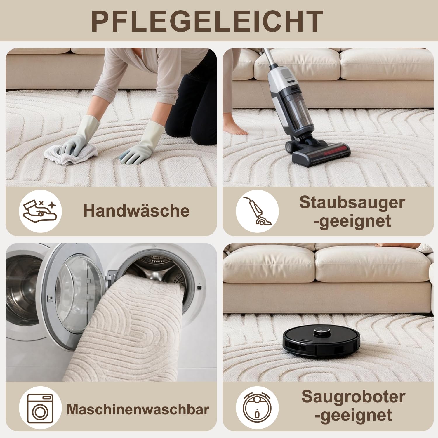 Runder Teppich Beige Ø 120 cm mit Relief-Struktur Kreise, Weicher Soft-Flanell, rutschfest, Waschbar & Faltbar, Deko-Akzent für Kinderzimmer & Leseecke