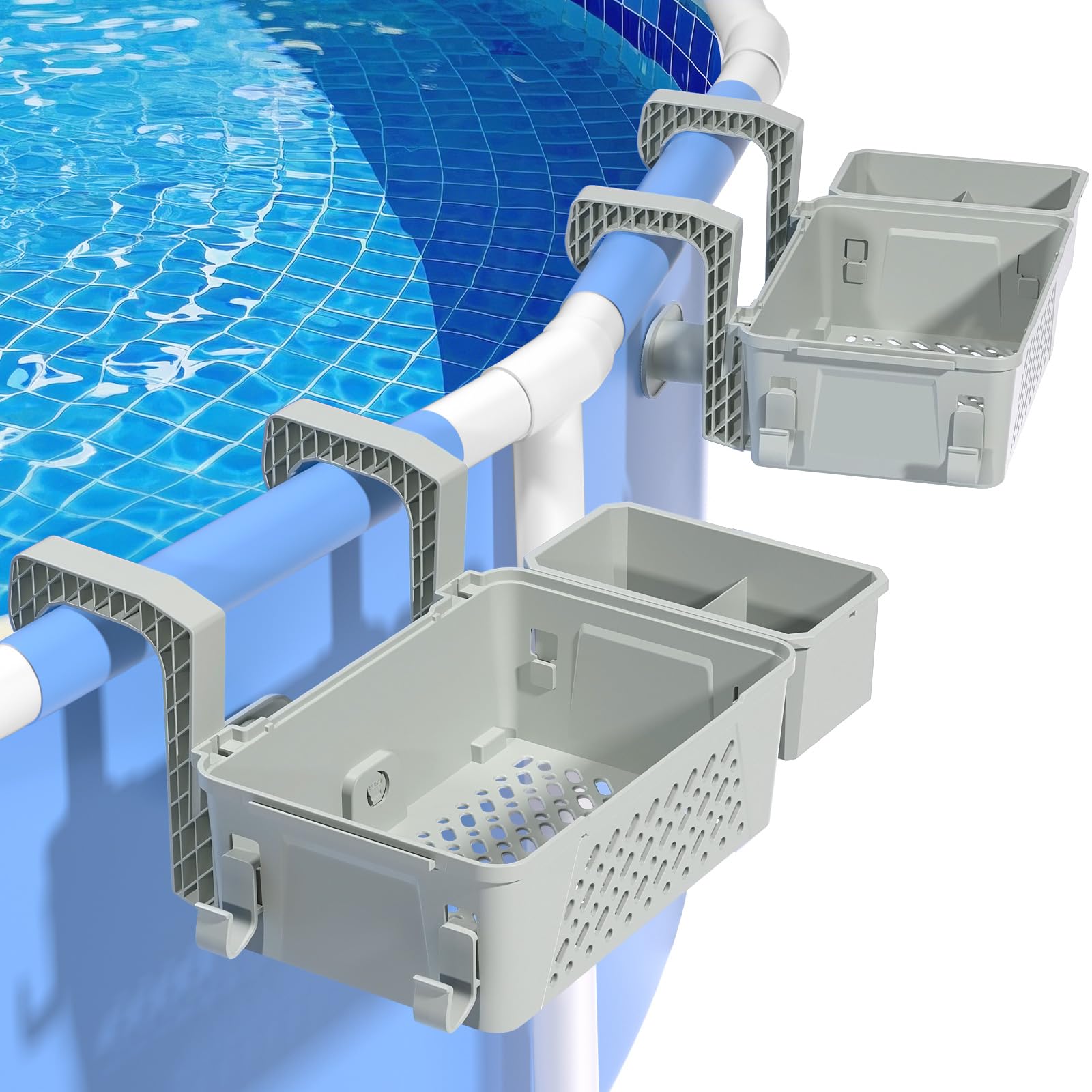 Cesto portaoggetti a bordo piscina, accessori per piscina fuori terra, cestini per piscina con asciugamano organizzato, adatto a binari superiori da 7,6 cm o meno, cestino organizer versatile per