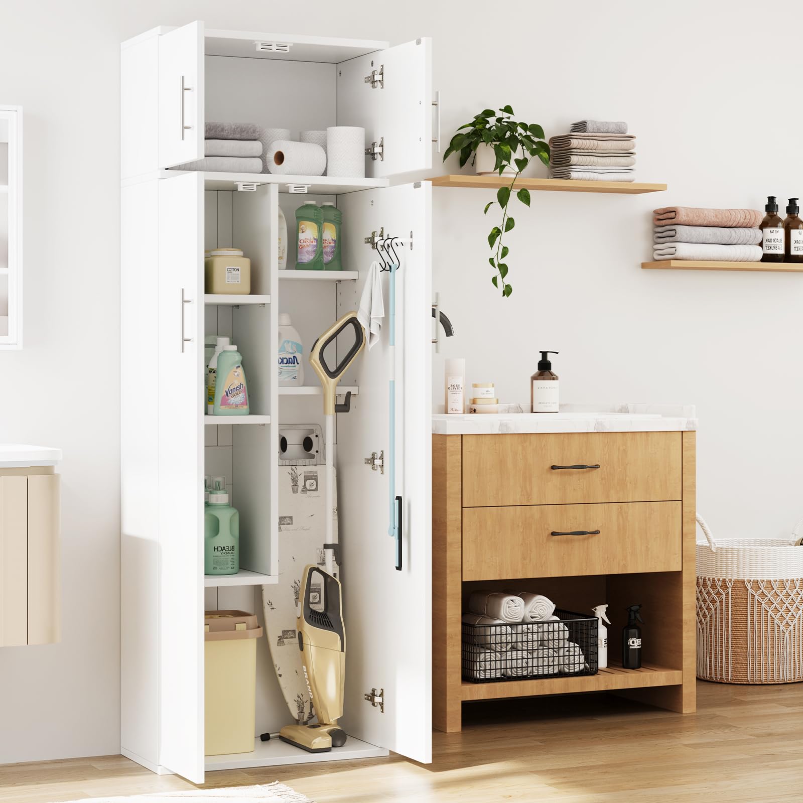 Dripex Besenschrank Mehrzweckschrank 180x60x34cm Haushaltsschrank Staubsaugerschrank aus Holz mit Verstellbarer Einlegeboden für Küche Wohnzimmer Esszimmer, Weiß