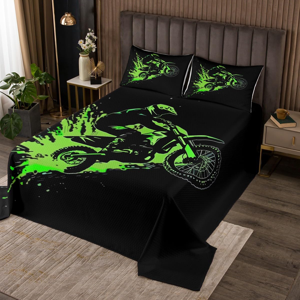 jejeloiu Dirt Bike Bedspread Queen Size Motorbike Quilted Coverlet for Boys Girls Teens Green Black Coverlet Set Breathable Soft Lightweight Microfiber