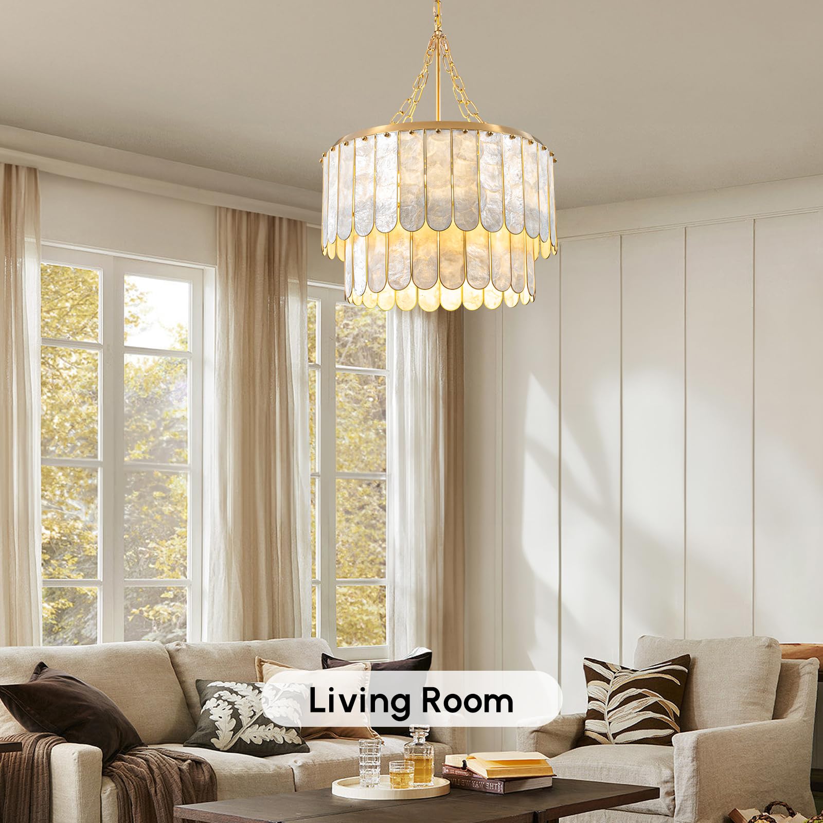Moderner 5-flammiger Muschel-Kronleuchter, 2-stufige facettierte Pendelleuchte mit goldenem Metallrahmen, E26 Beleuchtungskörper für Esszimmer, Schlafzimmer, Wohnzimmer