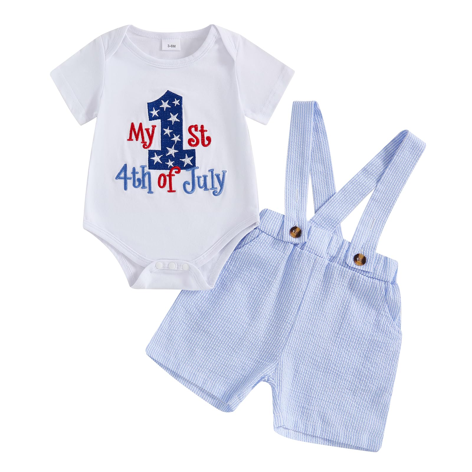HYADRBLEBY Newborn Baby Boy 4th of July Outfit Short Sleeve 1st 4th of July Romper + Overall Shorts 2Pcs Gentleman Boy Outfits (Stars, 6-12 Months)