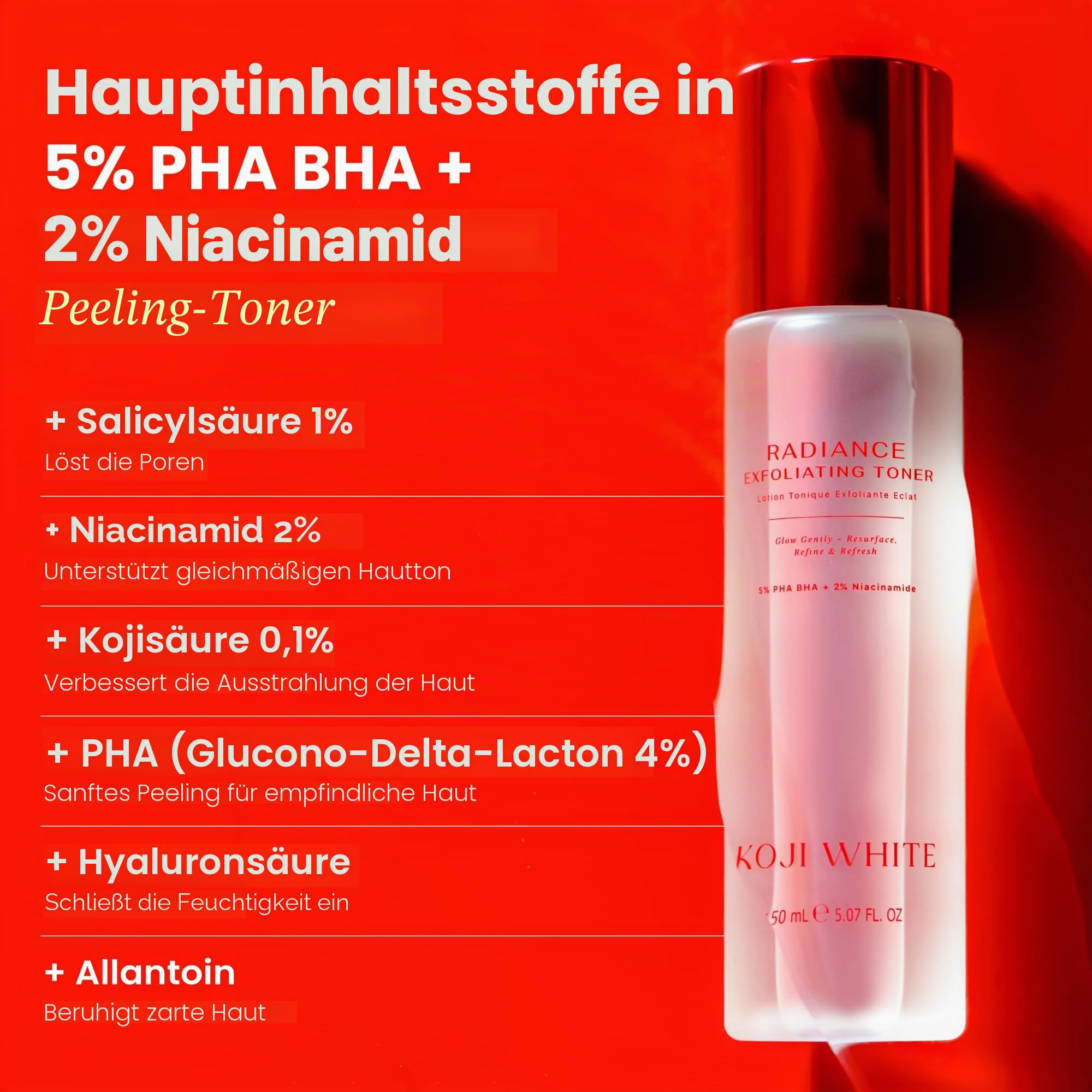 Koji White Exfoliating Toner for Face with 5% PHA BHA, 2% Niacinamide, Kojic Acid & Hyaluronic Acid | Hydrating & Soothing Facial Toner | Unscented, Sensitive, Vegan, 150ml (5.07 Fl Oz)