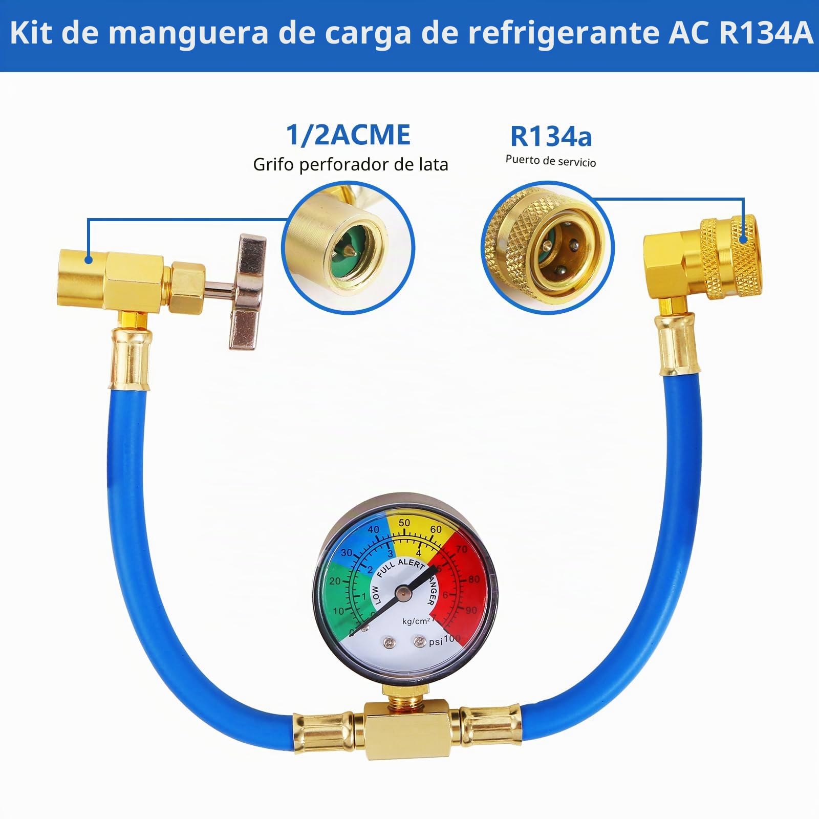 R134a Manguera de carga de refrigerante para coche – Manguera de llenado de aire acondicionado con medidor Auto-ca Manguera de carga del refrigerante R134a (1/2 rosca para americanos y europeos)