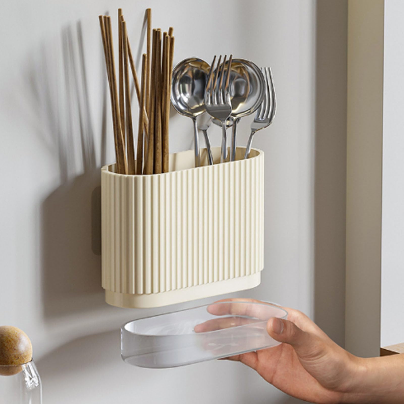 Beżowy Plastikowy Uchwyt Na Przybory Kuchenne, Ociekacz Na Sztućce Kuchenne Uchwyt Na Przybory Kuchenne Pastowalny Uchwyt Na łyżki Do Domu 13,7 X 16,5 X 8 Cm