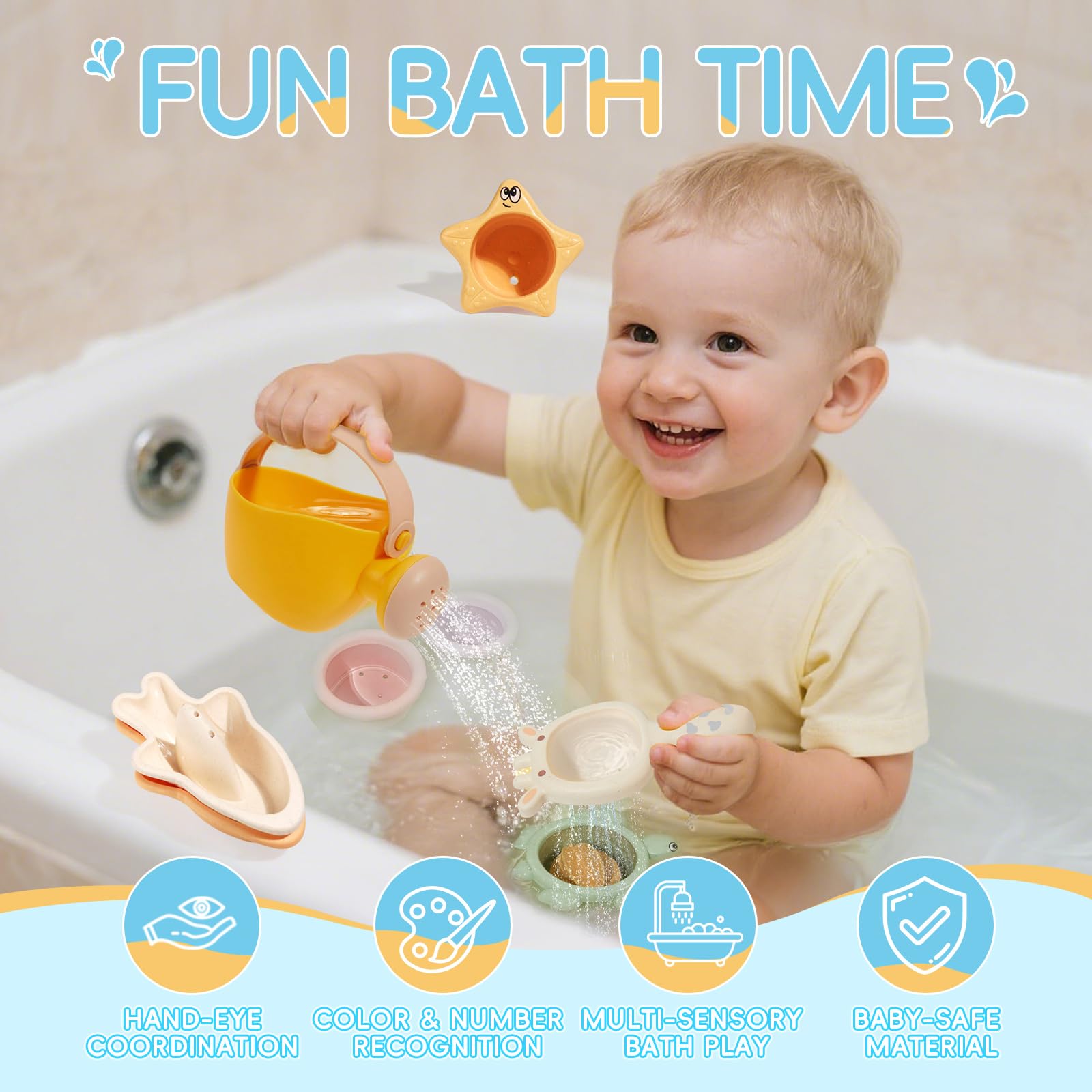 AMCHSURI Bath Toys for Toddlers 1-3, 16PCS Easy-Clean & Mold Free Baby Bath Toys for Kids, Stacking Cups, Watering Can, Floating Boats Include Storage Bag, Water Pool Bathtub Toys for Kids Ideal Gifts - 3