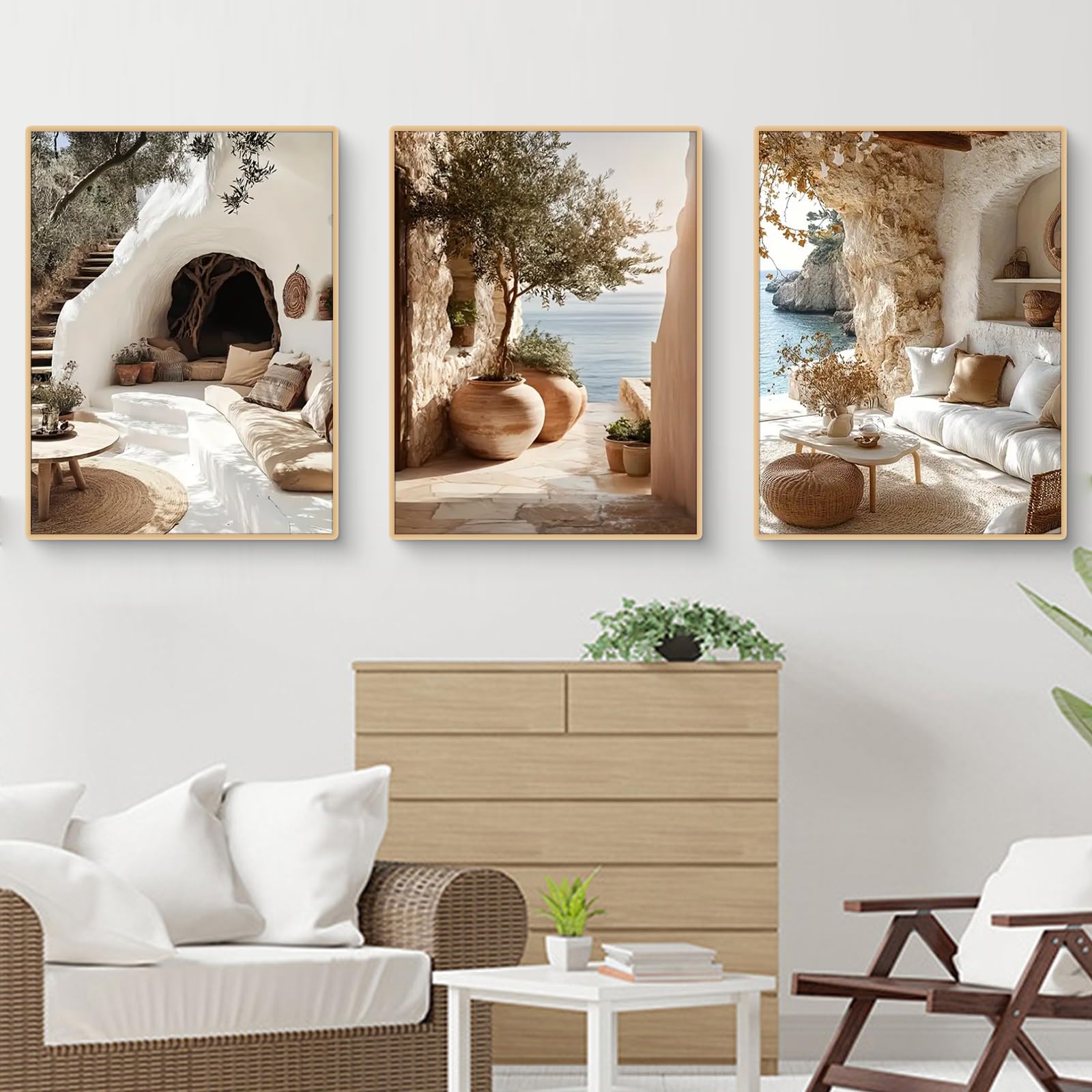 TROYSINC Lot de 3 affiches d'architecture méditerranéenne, vues esthétiques des îles grecques, maisons en pierre au bord de la mer, tableaux paysagers pour salon, décoration murale pour salon, sans