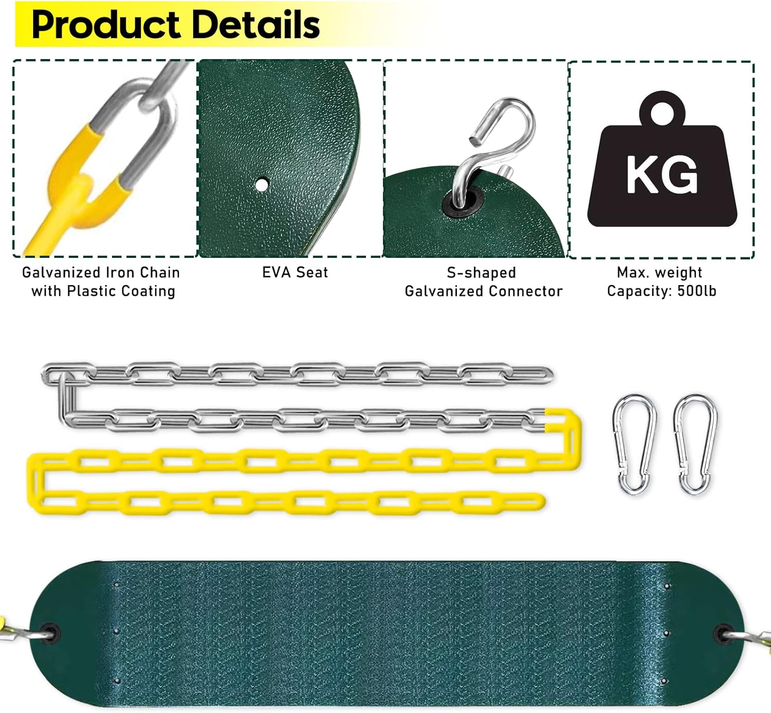Heavy Duty Swing Seat for Kids, Jungle Gym Swing Playground with Plastic Coated Chain with 4 Snap Hooks for Easy Install Swing Set Replacement Outdoor Playground Backyard (Green)