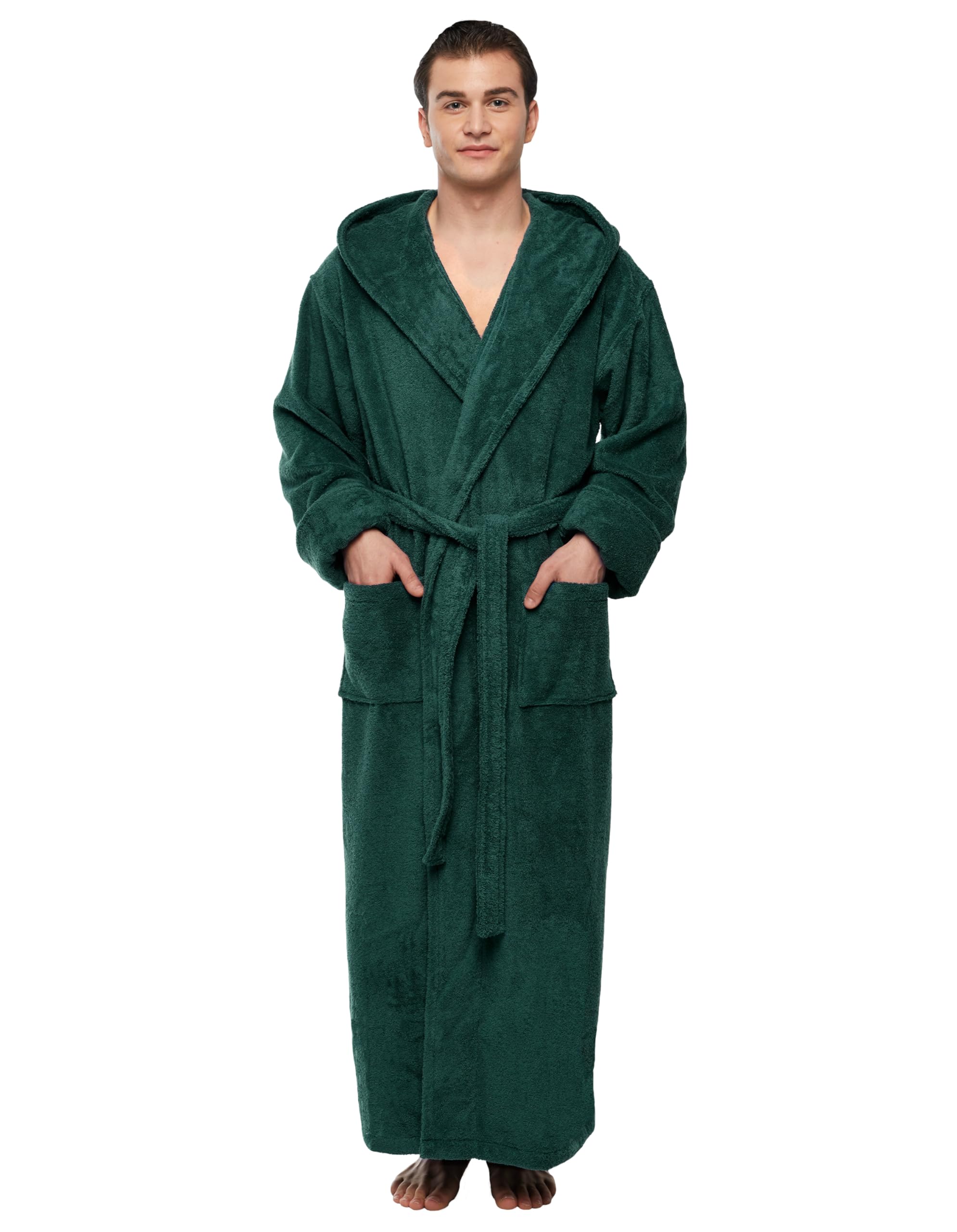 Arus Hood'n - Accappatoio da uomo in cotone turco con cappuccio, lunghezza alla caviglia, verde scuro, Large