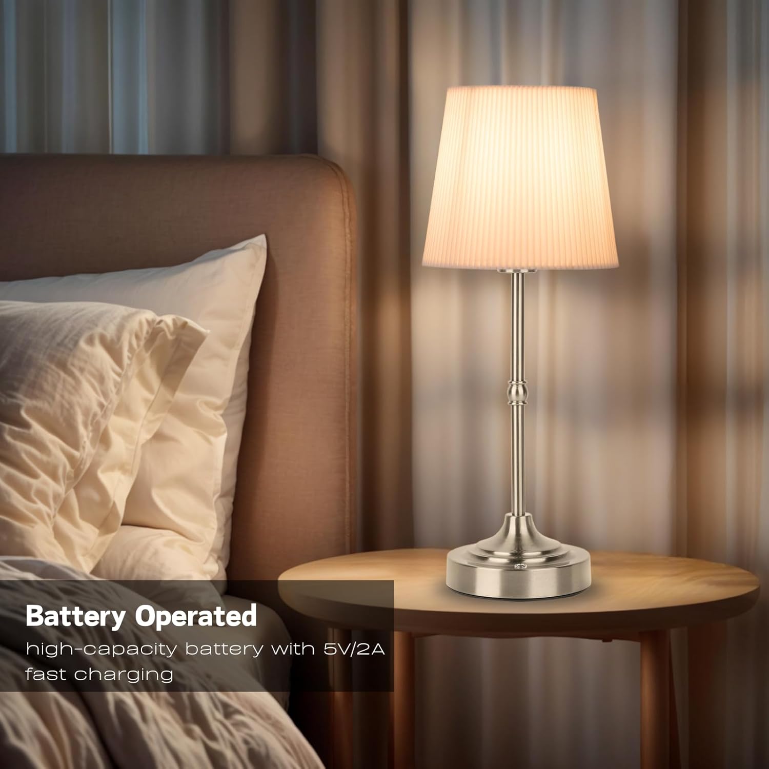 Rechargeable Table Lamp, Cordless Touch Lamps, Portable Desk Light with Stepless Dimmable Brightness & Fabric Shade for Nightstand Bedside Living Room (Silver, Twill)