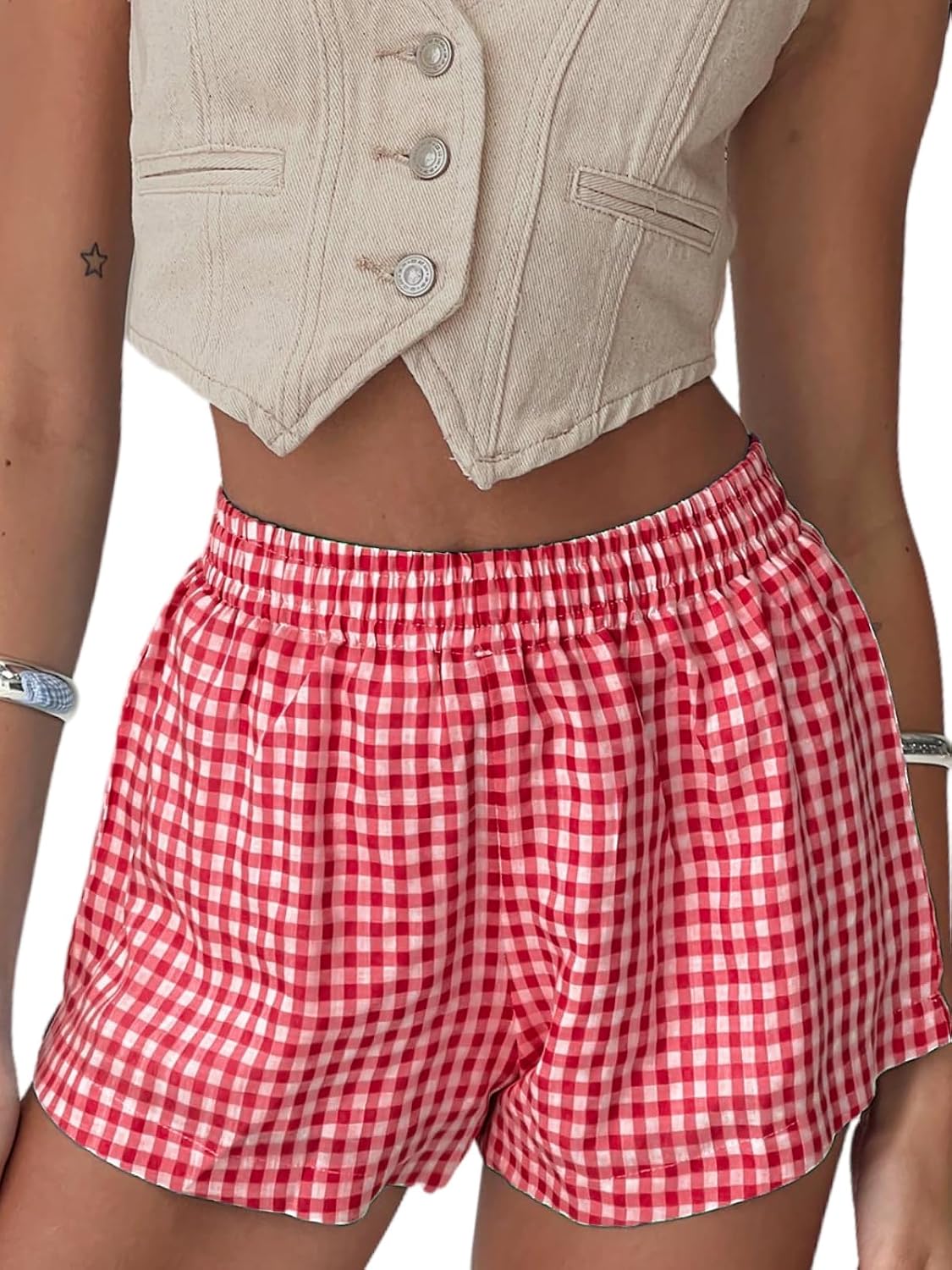 Chunoy Women's Y2K Pajama Shorts - Stylish Plaid Boxers for Women, Gingham Women’s Boxer Shorts with Pockets (US, Alpha, Medium, Regular, Regular, Red)