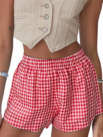 Chunoy Womens Y2K Pajama Shorts - Stylish Plaid Boxers for Women, Gingham Womens Boxer Shorts with Pockets US, Alpha, X-Large, Regular, Regular, Red