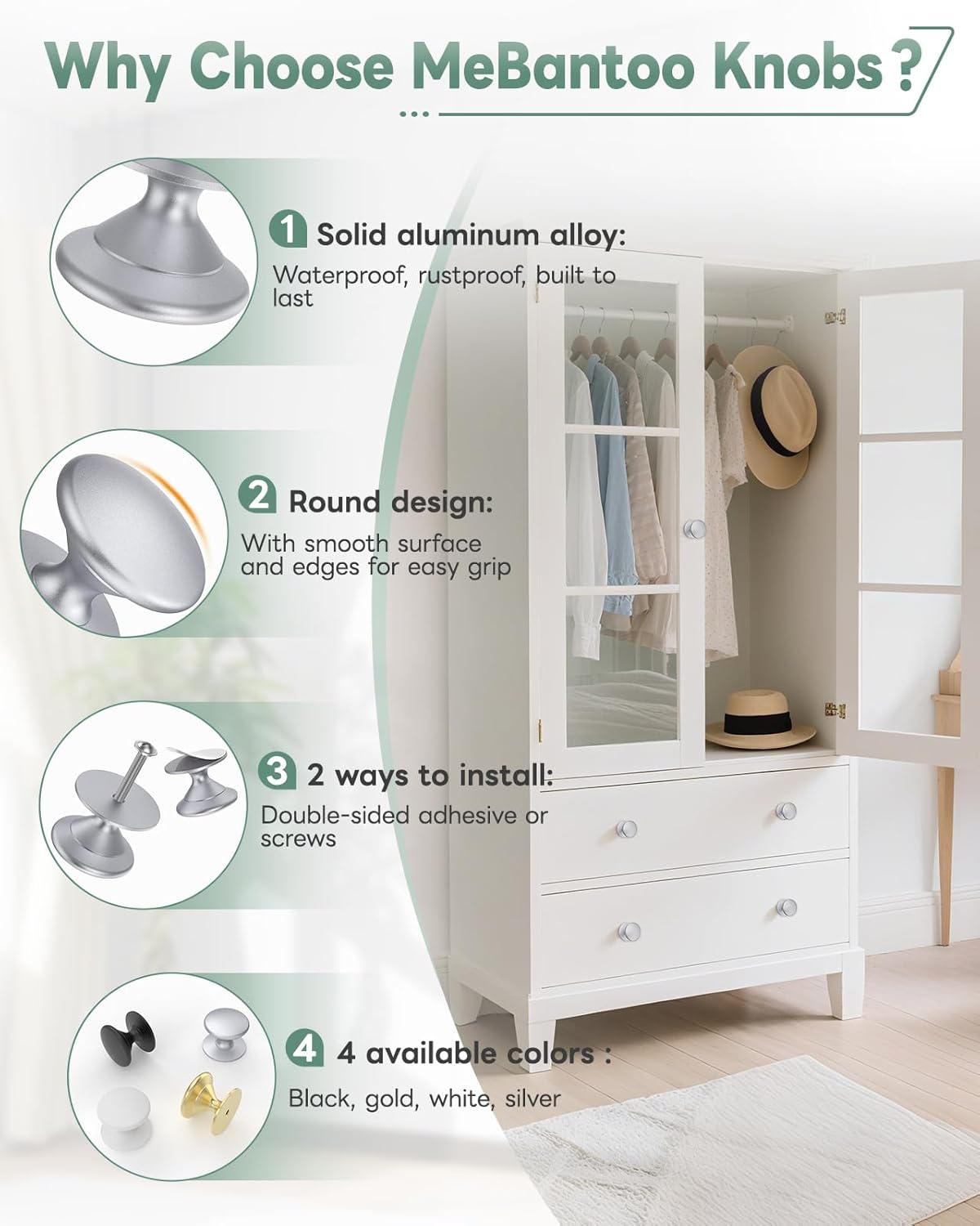 4-Pack Adhesive Drawer Knobs, Aluminum Alloy Stick on Cabinet Pulls for Kitchen, Bathroom, Wardrobe & Dresser - No Punching Peel and Stick Round Drawer Handle (4, Silver)
