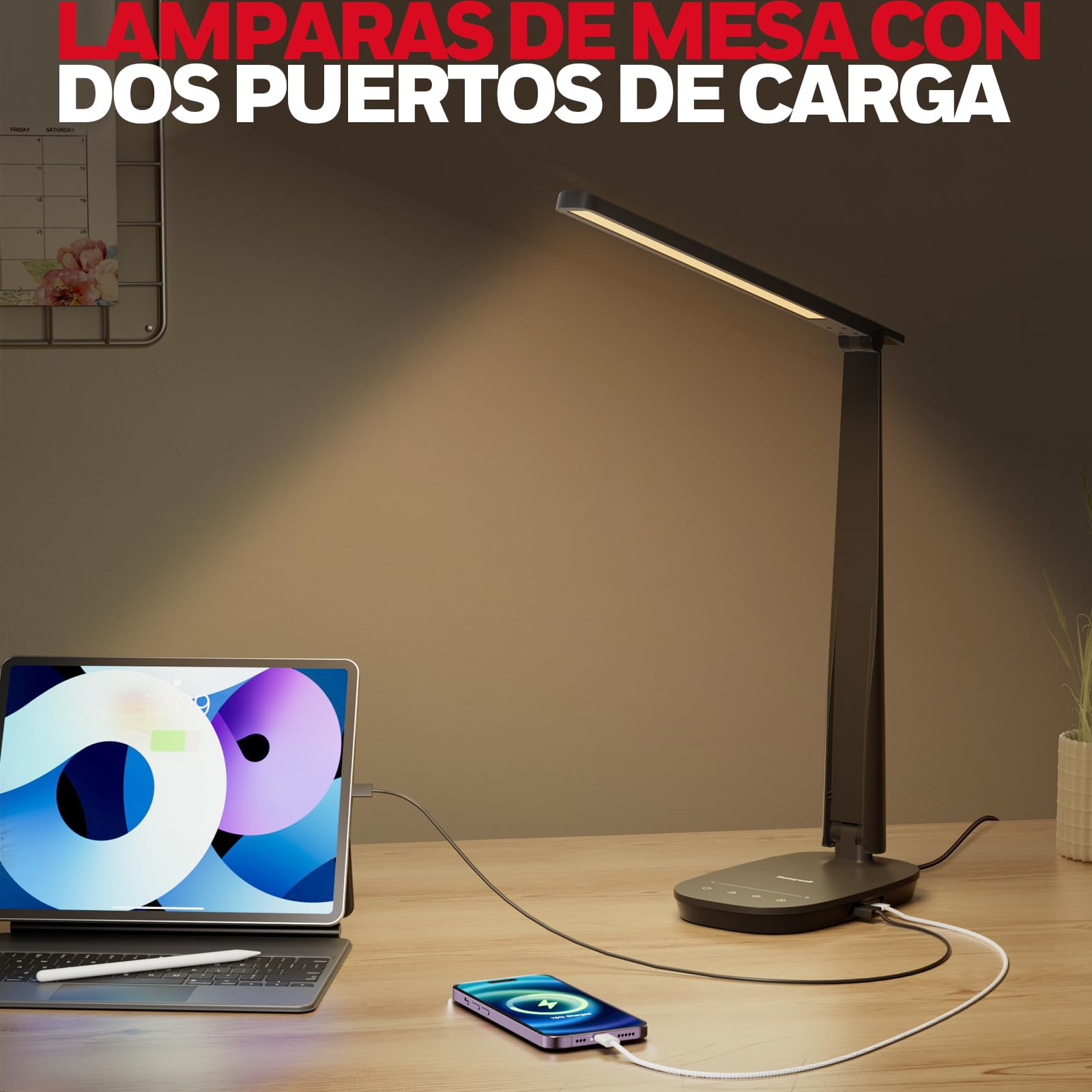Honeywell HWT-H2 Lámpara de Escritorio LED, Luz de Espectro Completo CRI94, Lámpara de Mesa Regulable con Puertos USB-A y USB-C, Control Táctil, Lámpara Plegable para Oficina, Lectura y Estudio, Negro