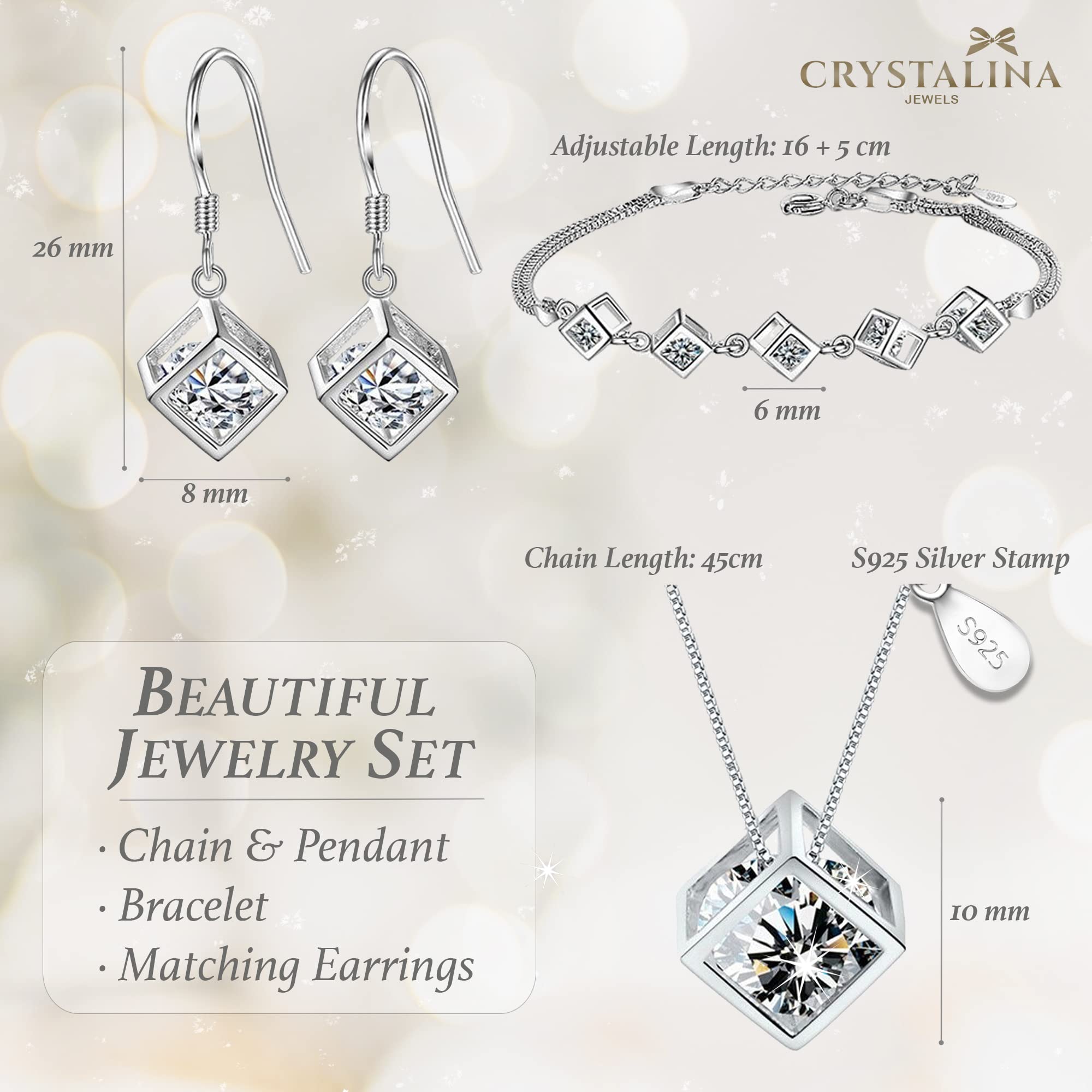 Crystalina Conjunto Joyas Mujer con Cristales Brillantes | Collar y Pendientes con Circonitas | Acabado en Oro o Plata | Regalos Originales y Elegantes para Mujer