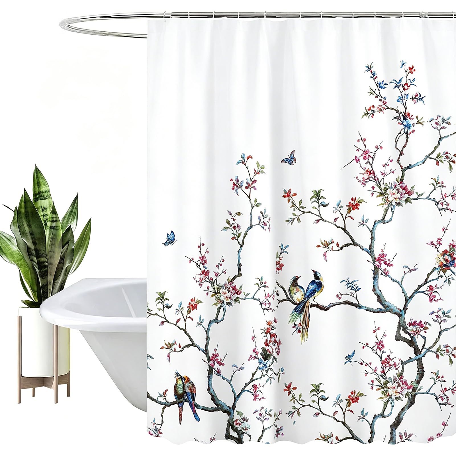 HEYOMART Shower Curtain Heavy Duty Polyester Fabric Waterproof Shower Curtain Liner, 3D Digital Painting Pattern for Shower Stall, Bathroom Curtains with 12 PCS Hooks (180x180cm, White Bird Floral)