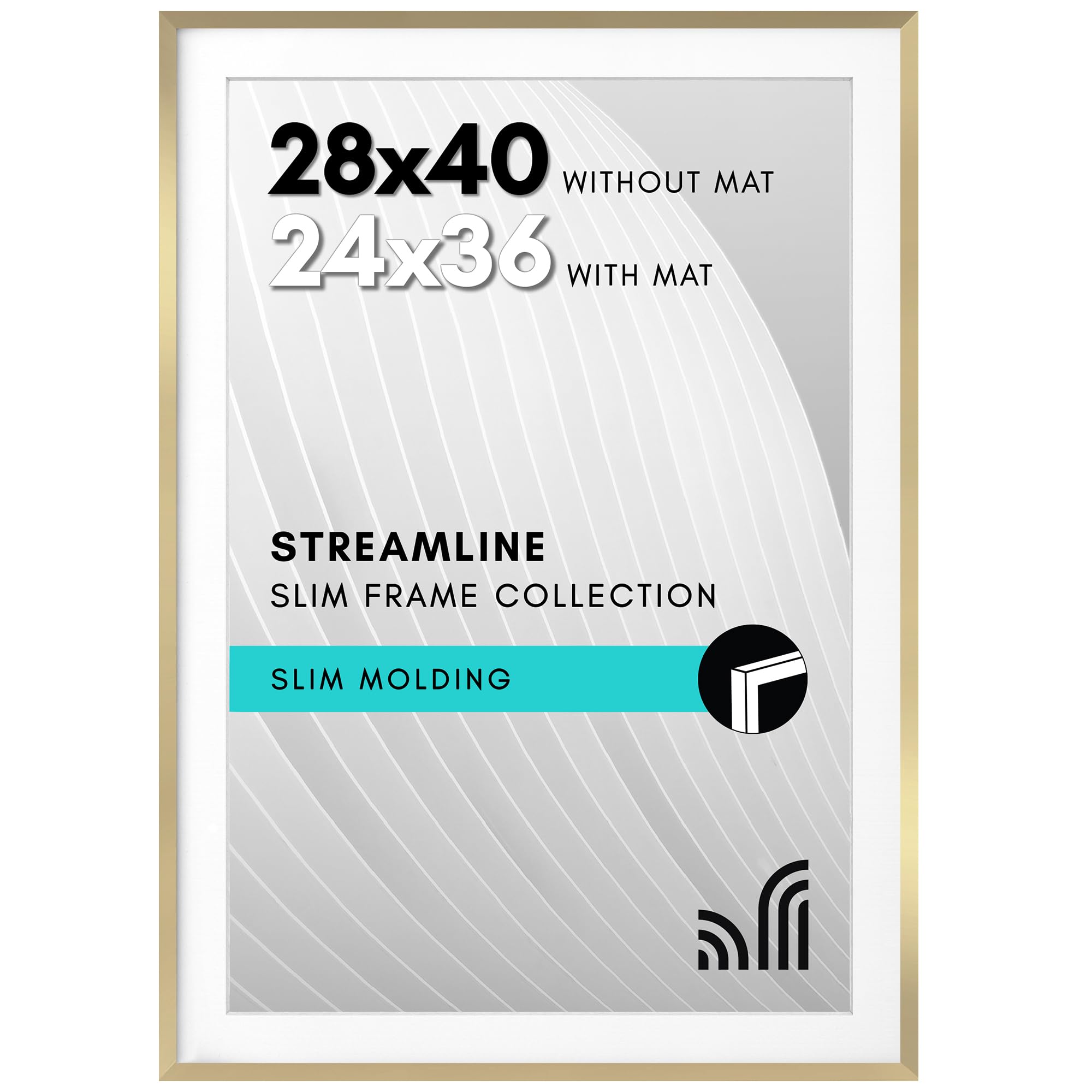 Americanflat 28x40 Poster Frame With Polished Plexiglass - Use as 24x36 With Mat or 28x40 Without Mat - Streamline Collection - Thin Photo Display for Wall - Gold