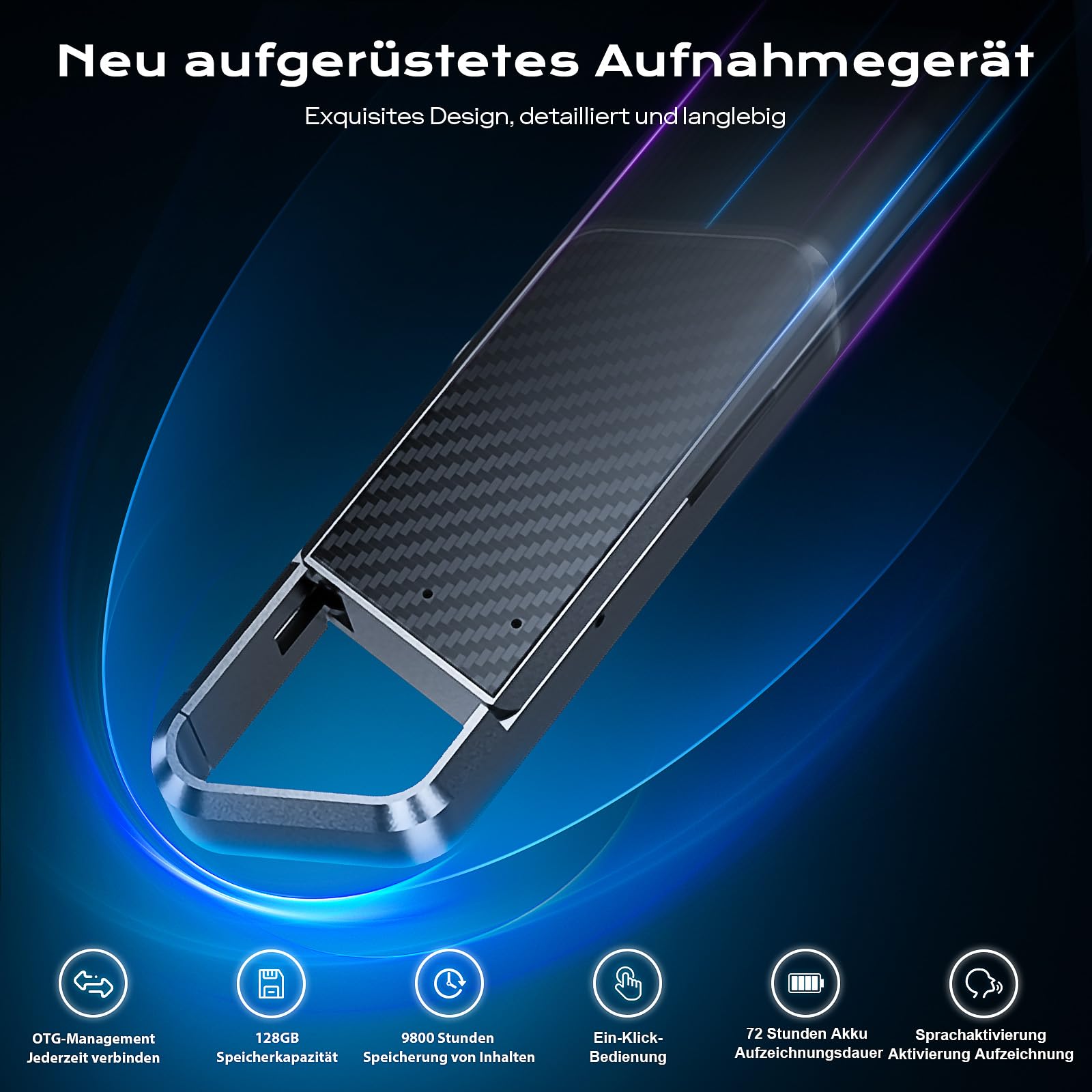 Diktiergerät mit Spracherkennung –Aufnahmegerät, Mobile Rekorder mit DSP5.0 OTG-fähig, Lange Zeit Aufnahmen Voice Recorder, diktiergerät mini für Meeting/Interview/Vorlesungen -128G