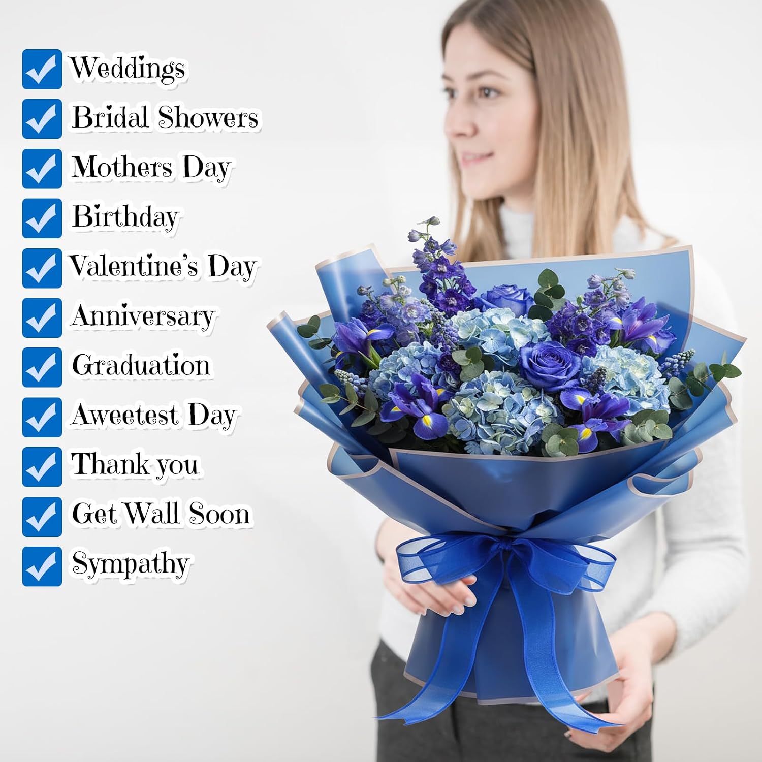Mimorou 60 Sheets Flower Wrapping Paper, Waterproof Floral Bouquet Wrapping Paper Gold Edge Korean Florist Bouquet for DIY Valentine Wedding Birthday Graduation Gift (Sapphire Blue)