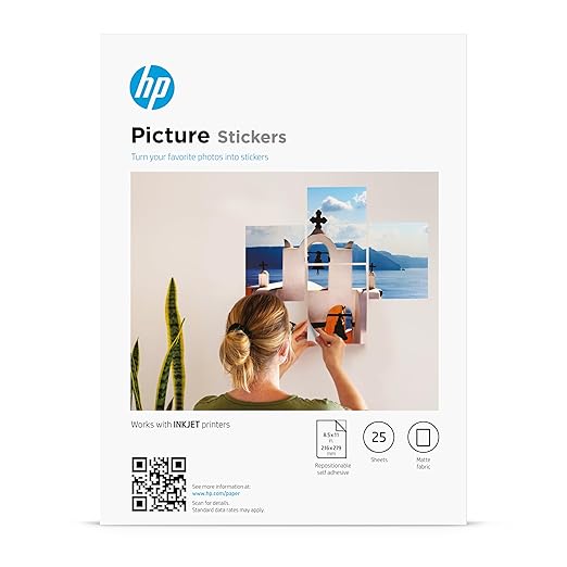HP Picture Stickers 8.5x11in,25 sheets Self-Adhesive, Easily repositionable, Matte Photo Stickers. Print, Peel & Stick All Inkjet printers and craft cutters. (8L1U9A)