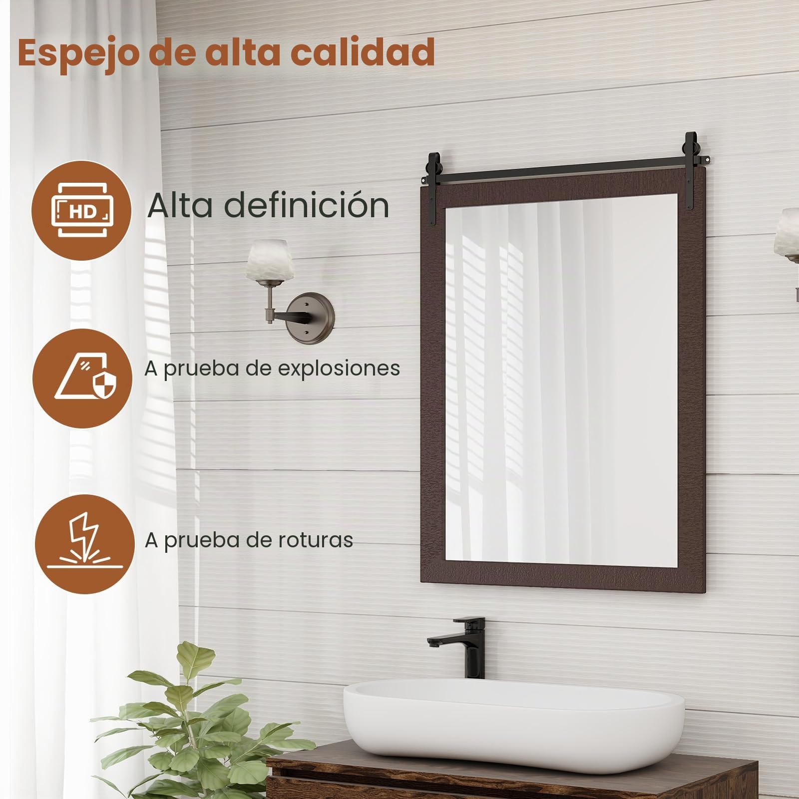 LIFEZEAL Espejo de Pared 76,5 x 57 cm, Espejo Rectangular con Marco de Madera y Soporte de Metal, Colgante Vintage para Cuarto de baño, Pasillo, salón (marrón Oscuro)
