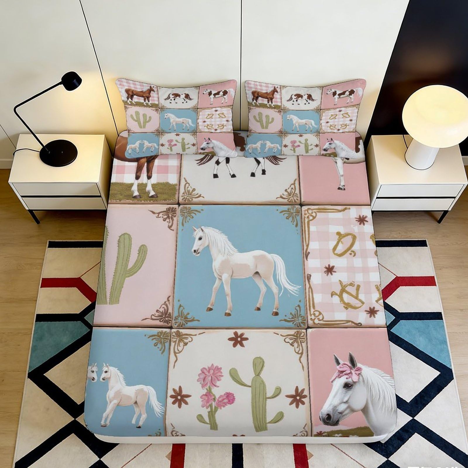 3D Printed Western Cowboy Horse Fitted Sheet Microfiber Soft Pastel Cactus Bed Cover for Bedroom Dorm Decor 90x200x25cm