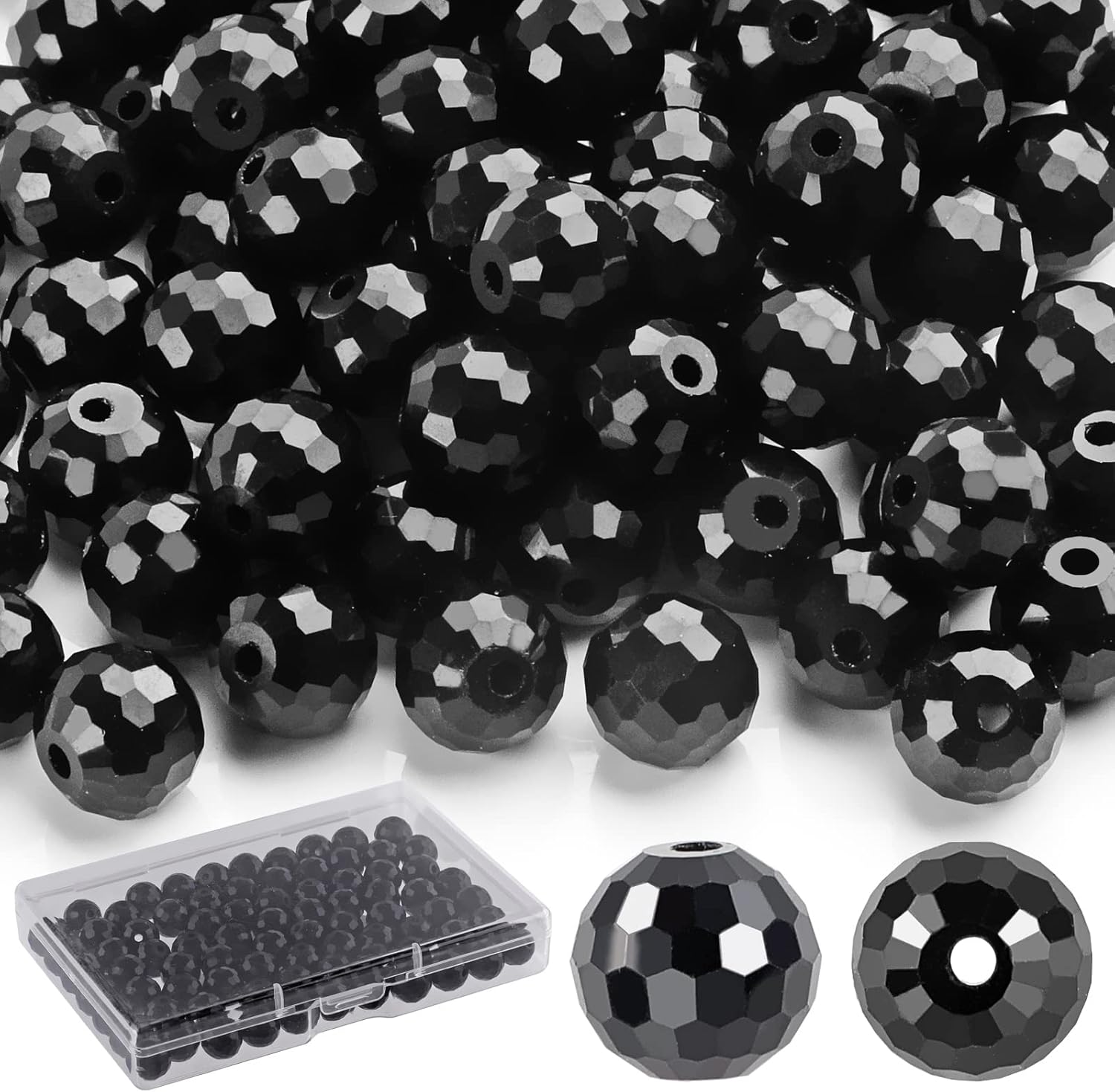 Crystal Glass Beads for Jewelry Making, 80 Pieces Crystal Beads, 10mm Glass Beads, Round Faceted Beads Bulk for Craft Necklace Bracelet Earring (Black Color)