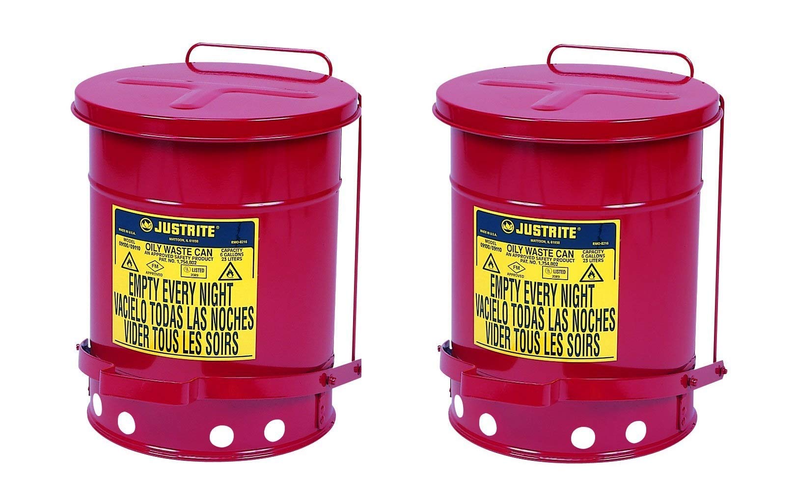 Justrite J09100 09100; Galvanized-steel; Safety cans; For Oily waste; Red; Foot Operated cover; Raised, ventilated Bottom; Reinforced ribs; Self-closing; UL listed (Pack of 2)