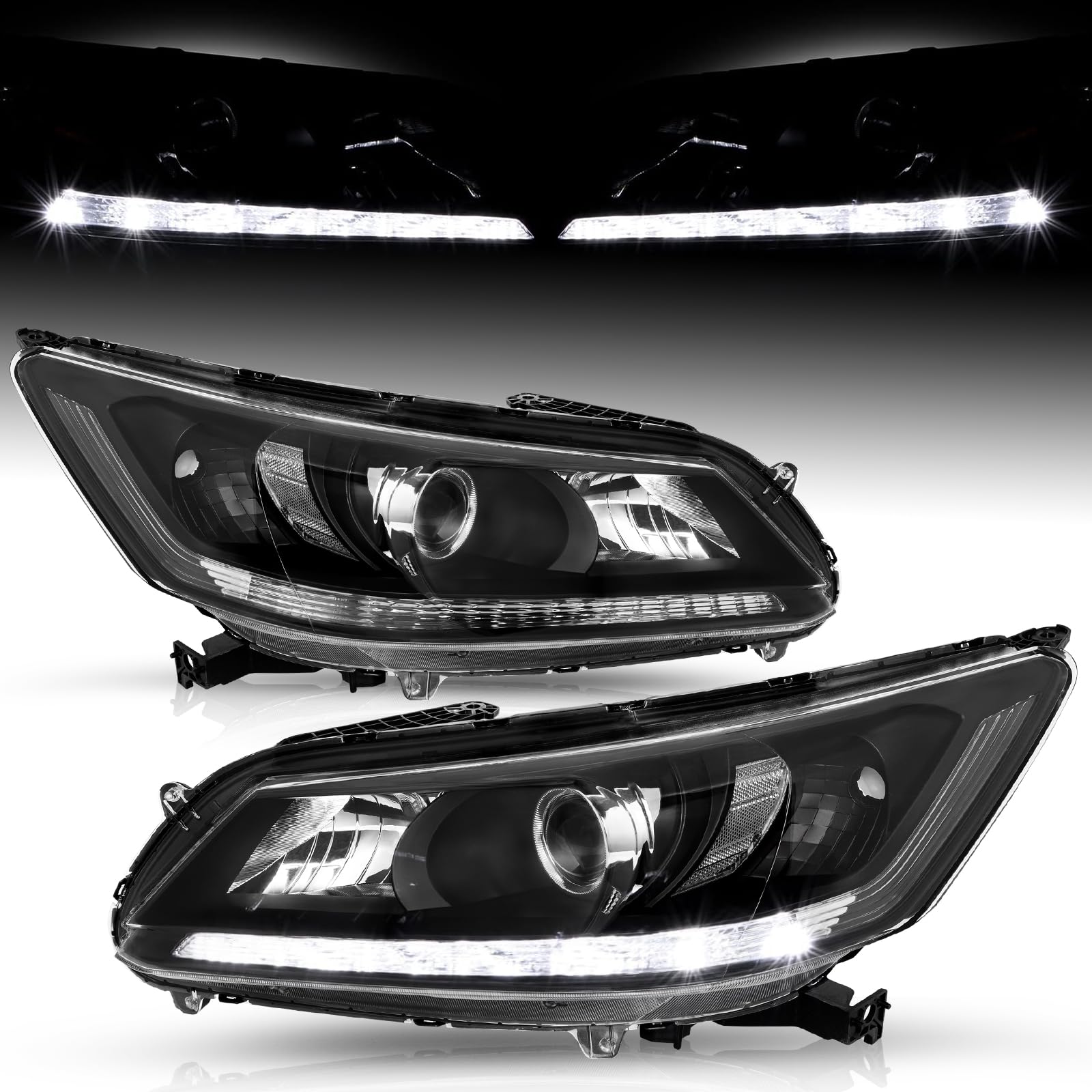 TUSDAR Headlight Assembly Pair w/LED DRL for 2013 2014 2015 Honda Accord Sedan 4 Door Projector Halogen Headlamp Right Passenger& Left Driver Side