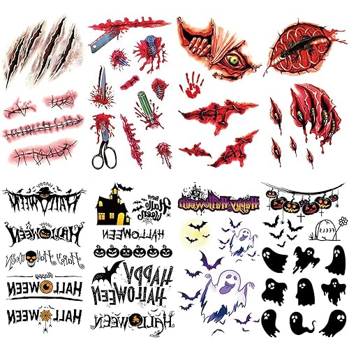 Yesallwas Halloween Scary Face Tattoo 8 hojas, tatuajes de heridas, tatuajes de zombies, tatuajes falsos de sangre, tatuaje de mordedura de wampire,