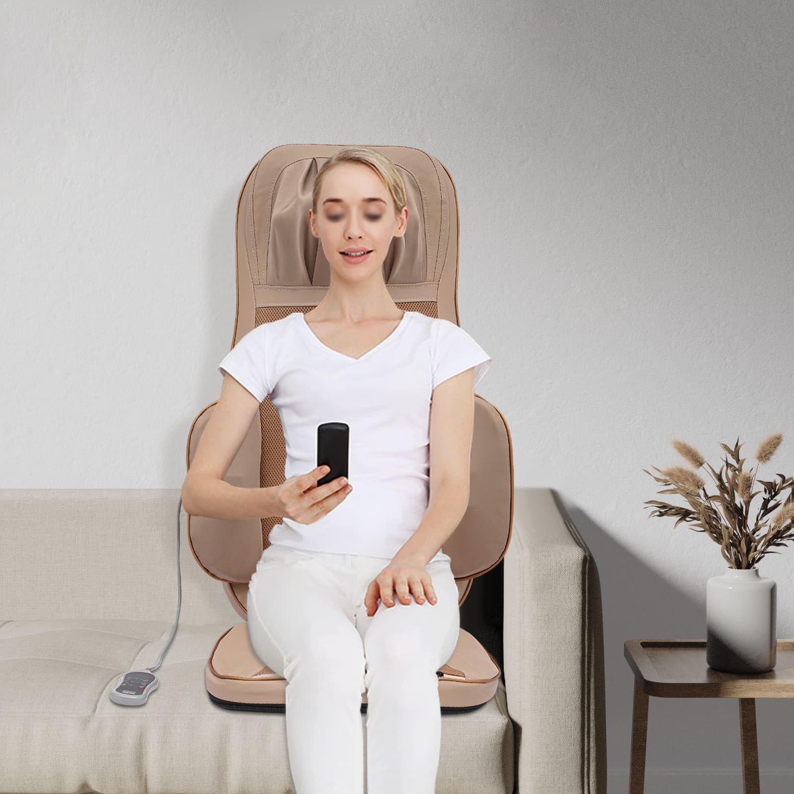 Sedile massaggiante con riscaldamento, rilassamento muscolare per collo e schiena, funzioni multiple (Massaggio/impasto/compressione calda), velocità regolabile (Beige)