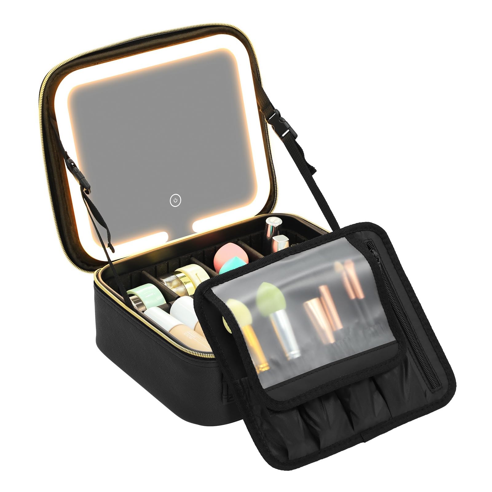 Custodia per trucco con specchio Borsa organizer per cosmetici viaggio professionale grande illuminata Luminosità regolabile 3 luci colorate Pelle PU 6 divisori 26x23x11 cm (Nera)