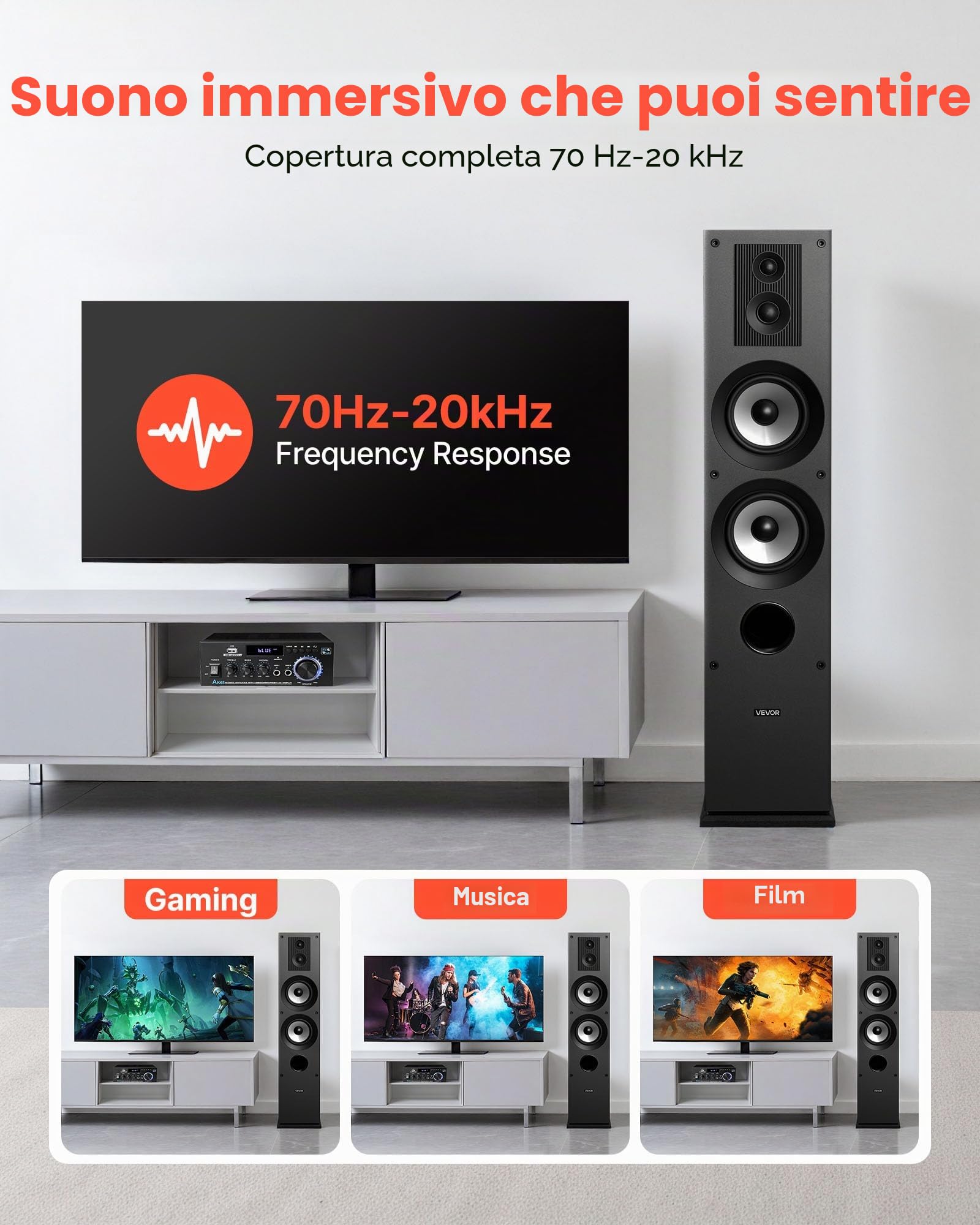 VEVOR Altoparlante da Pavimento, Altoparlante a Torre a 3 Vie con Doppi Woofer da ca. 133,3 mm, Picco da 145 W, Involucro in MDF, Risposta in Frequenza da 70 Hz a 20 kHz, per Audio Domestico, 2 Pezzi