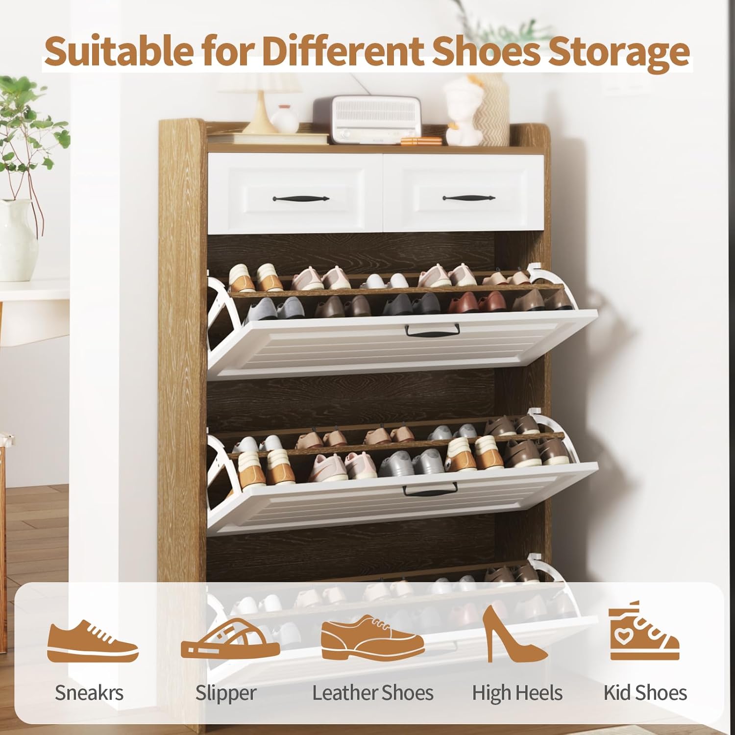Narrow Shoe Cabinet with 2 Slide Drawers & 3 Flip Drawers, Modern Freestanding Shoes Rack Storage Organizer with Open Top for Entryway, Hallway, Bedroom, Mudroom (Brown)