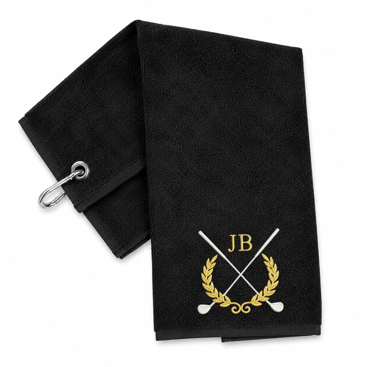 JJLC Personalised Golf Towel Custom Embroidered Name with Clip Ladies Mens (Black)